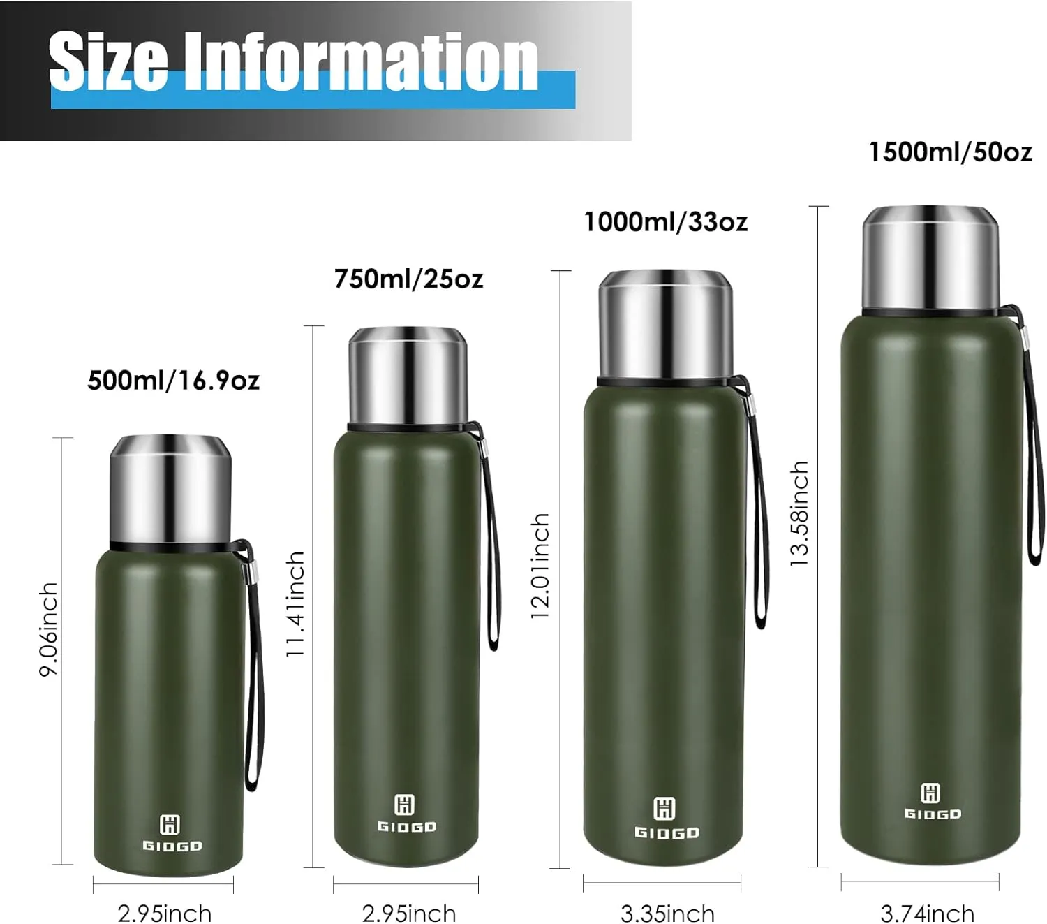 Insulated vacuum Thermo Bottle 500ml/16.9oz with cup Stainless steel coffee bottles for hot and cold drink water flask.(Green,500ml)