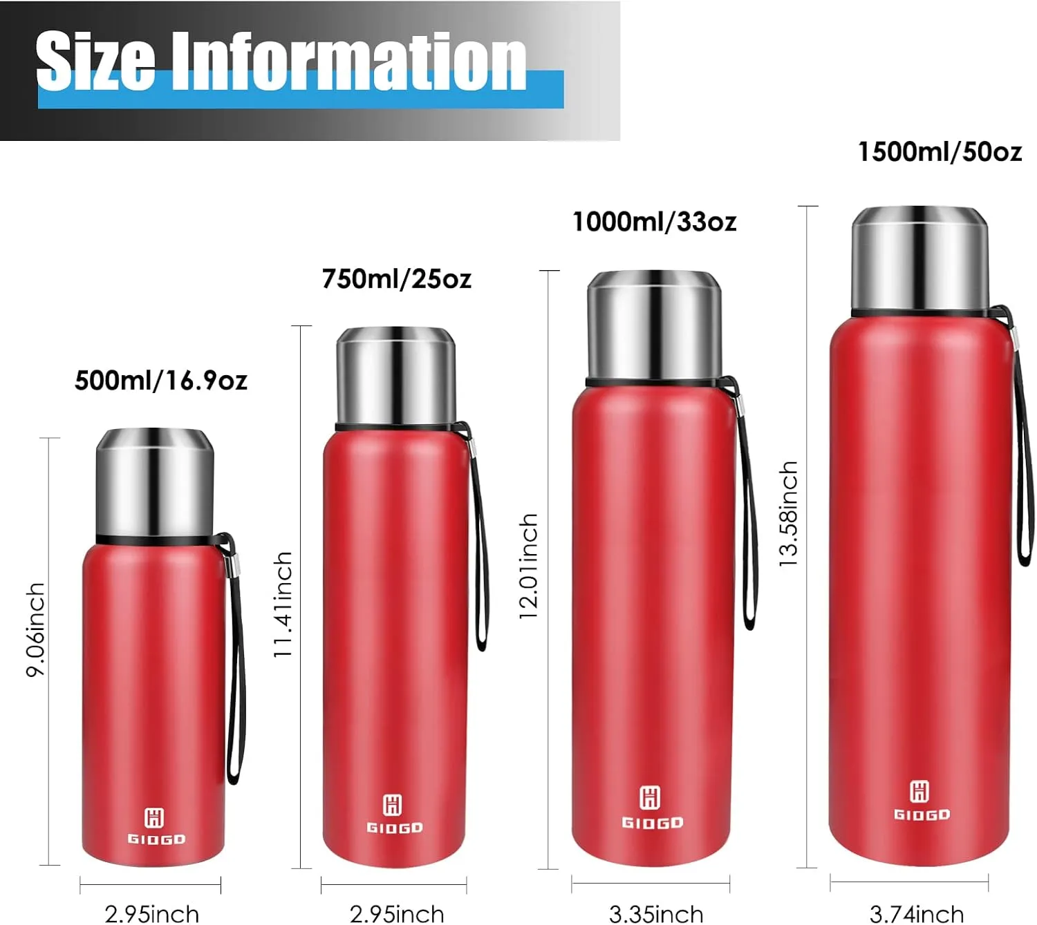 Insulated vacuum Thermo Bottle 500ml/16.9oz with cup Stainless steel coffee bottles for hot and cold drink water flask.(Red,500ml)