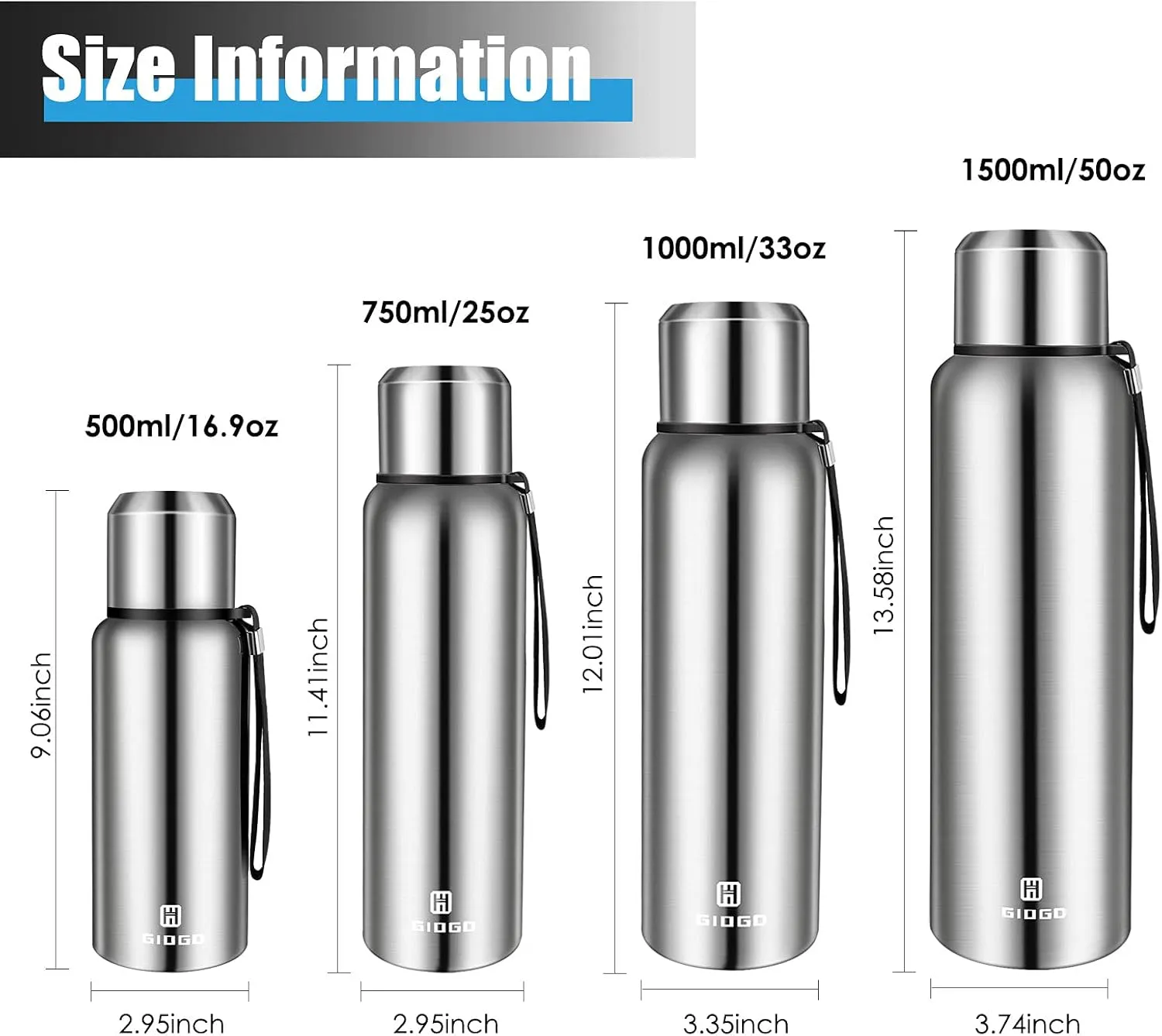Insulated vacuum Thermo Bottle 500ml/16.9oz with cup Stainless steel coffee bottles for hot and cold drink water flask.(Silver,500ml)