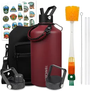 Insulated Water Bottle 128oz,Triple Wall Vacuum Stainless Steel(Dishwasher Safe),Leak Proof & Non-BPA,Flask Jug with Paracord Handle & Straw Spout Lids Sports Red