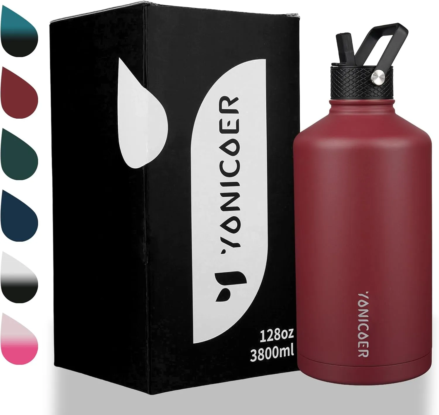Insulated Water Bottle 128oz,Triple Wall Vacuum Stainless Steel(Dishwasher Safe),Leak Proof & Non-BPA,Flask Jug with Paracord Handle & Straw Spout Lids Sports Red