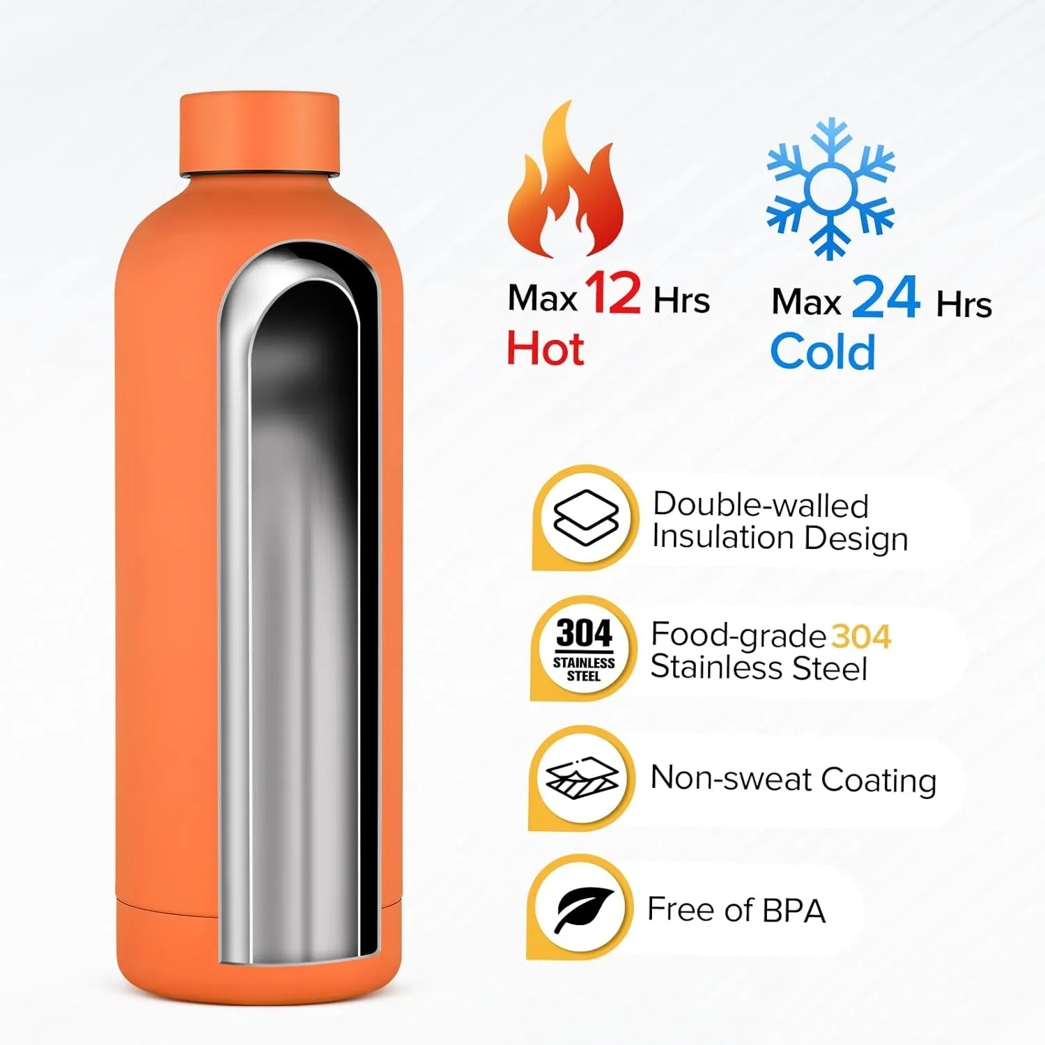Insulated Water Bottle with Lid, 25 oz Reusable Leak-Proof Metal Stainless Steel Water Bottles for Travel, Sports, Gym, Outdoor (Orange)
