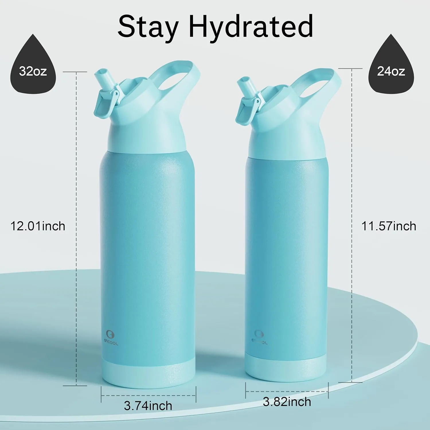 Insulated Water Bottle with Straw - Encool Stainless Steel Water Bottle, Reusable Leakproof and BPA-Free for Sports, Travel, Cold for 24 Hours, 24 oz, Mint Green