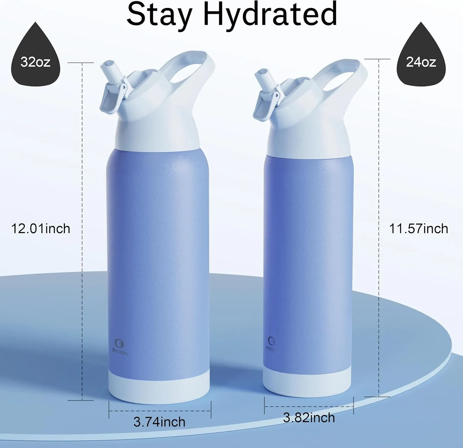 Insulated Water Bottle with Straw - Encool Stainless Steel Water Bottle, Reusable Leakproof and BPA-Free for Sports, Travel, Cold for 24 Hours, 24 oz, Ocean