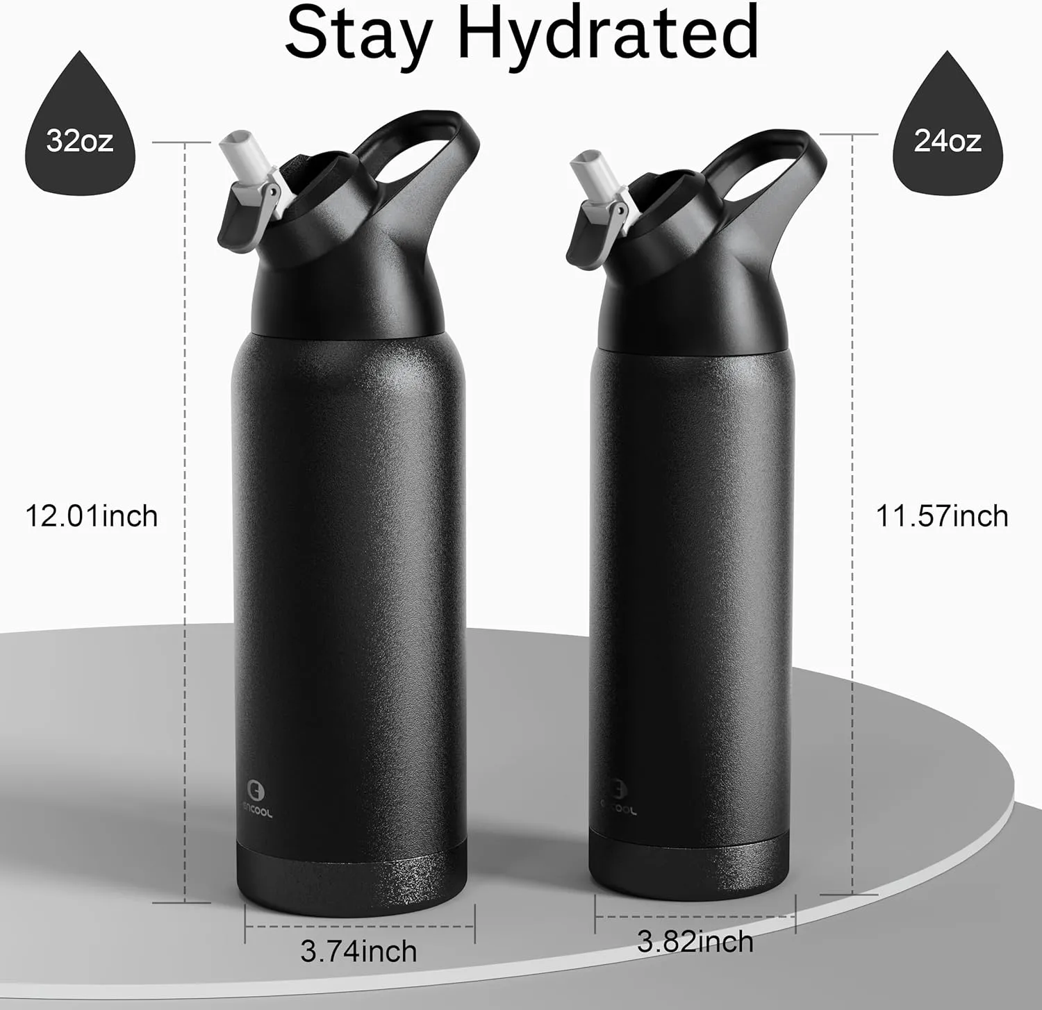 Insulated Water Bottle with Straw - Encool Stainless Steel Water Bottle, Reusable Leakproof and BPA-Free for Sports, Travel, Cold for 24 Hours, 32 oz, Black Night