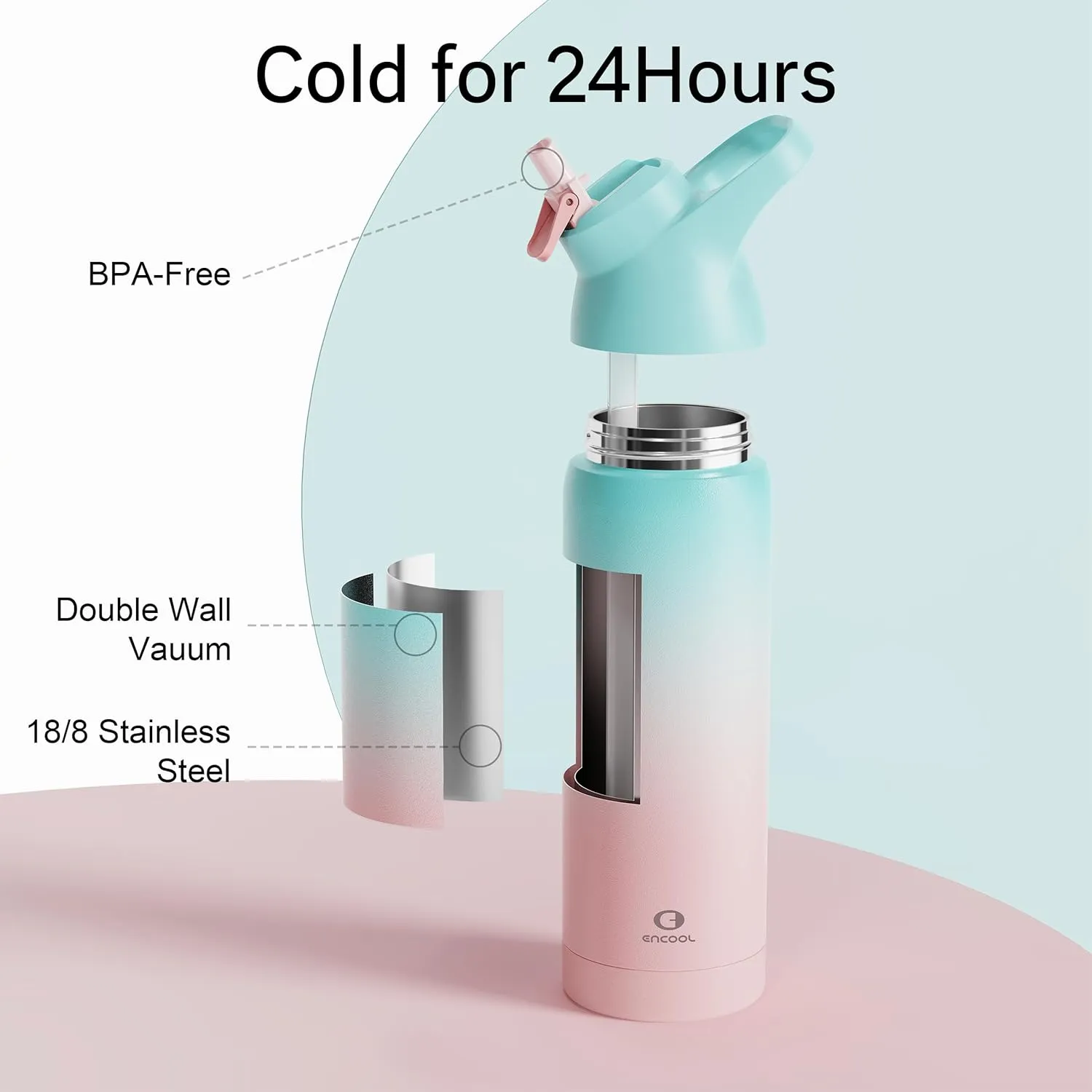 Insulated Water Bottle with Straw - Encool Stainless Steel Water Bottle, Reusable Leakproof and BPA-Free for Sports, Travel, Cold for 24 Hours, 32 oz, Cherry Blossom