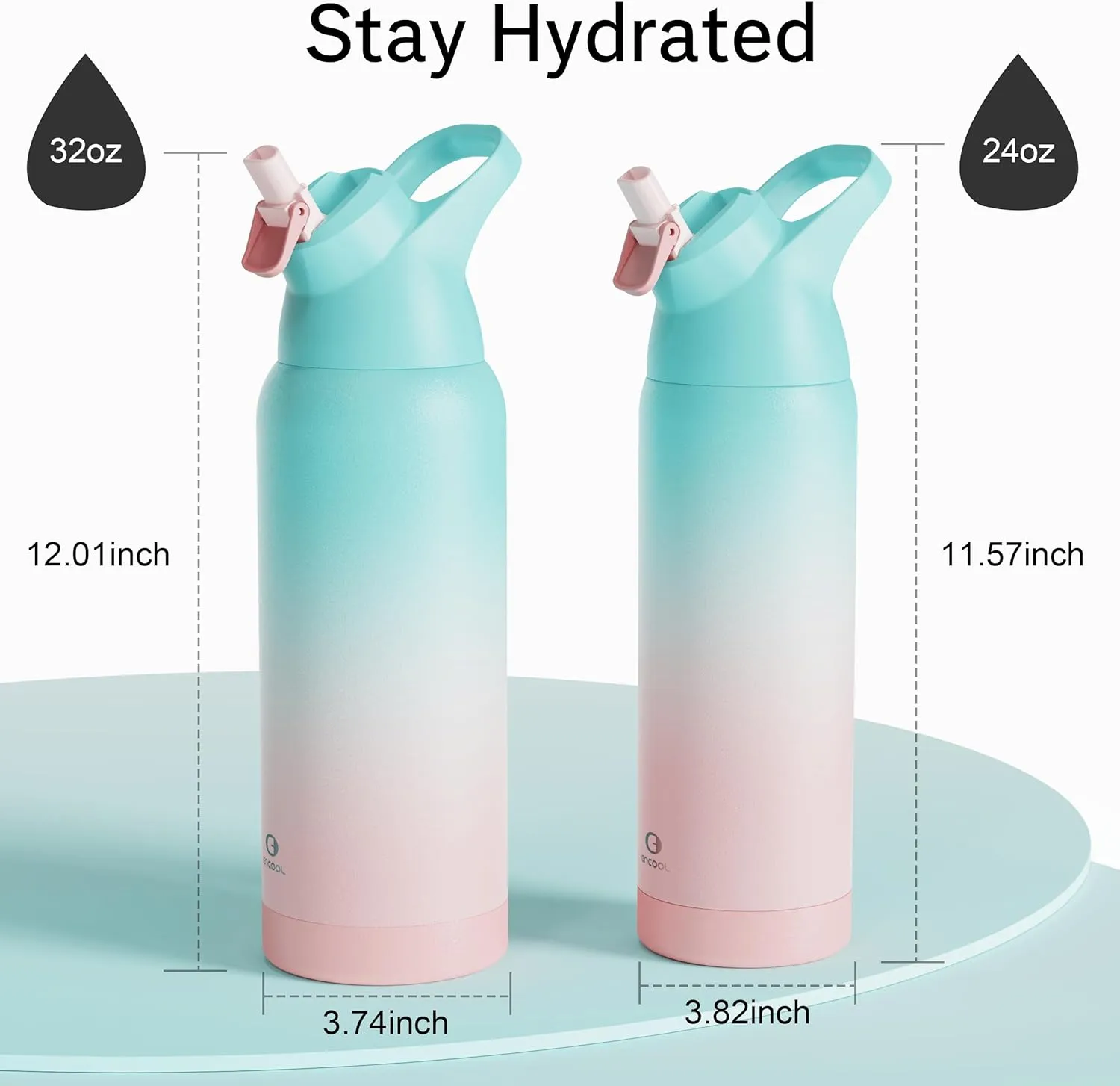 Insulated Water Bottle with Straw - Encool Stainless Steel Water Bottle, Reusable Leakproof and BPA-Free for Sports, Travel, Cold for 24 Hours, 32 oz, Cherry Blossom