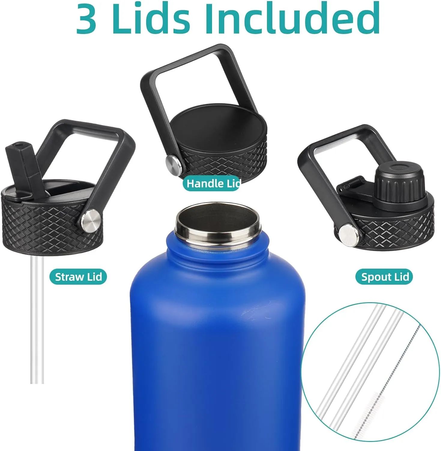 Insulated Water Bottle with Straw,50 oz 3 Lids Water Jug with Carrying Bag,Paracord Handle,Double Wall Vacuum Stainless Steel Metal Flask,Blue