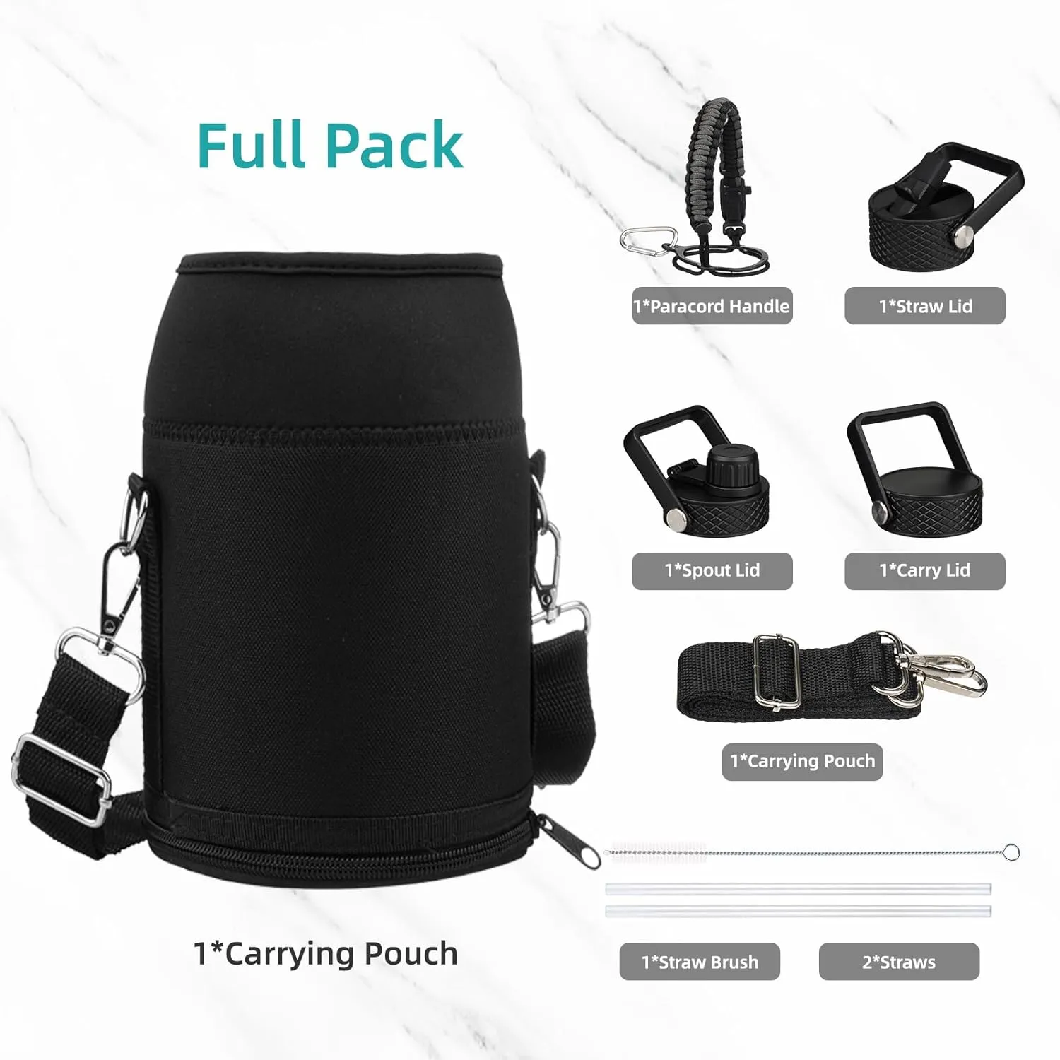 Insulated Water Bottle with Straw,50 oz 3 Lids Water Jug with Carrying Bag,Paracord Handle,Double Wall Vacuum Stainless Steel Metal Flask,Blue