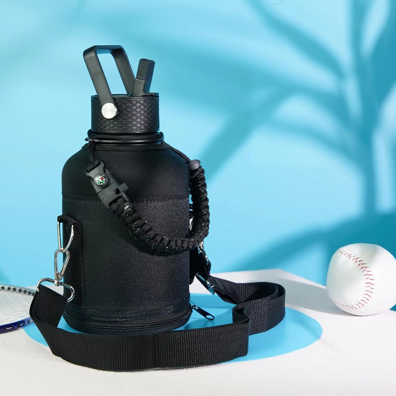 Insulated Water Bottle with Straw,87 oz 3 Lids Water Jug with Carrying Bag,Paracord Handle,Double Wall Vacuum Stainless Steel Metal Flask,Black