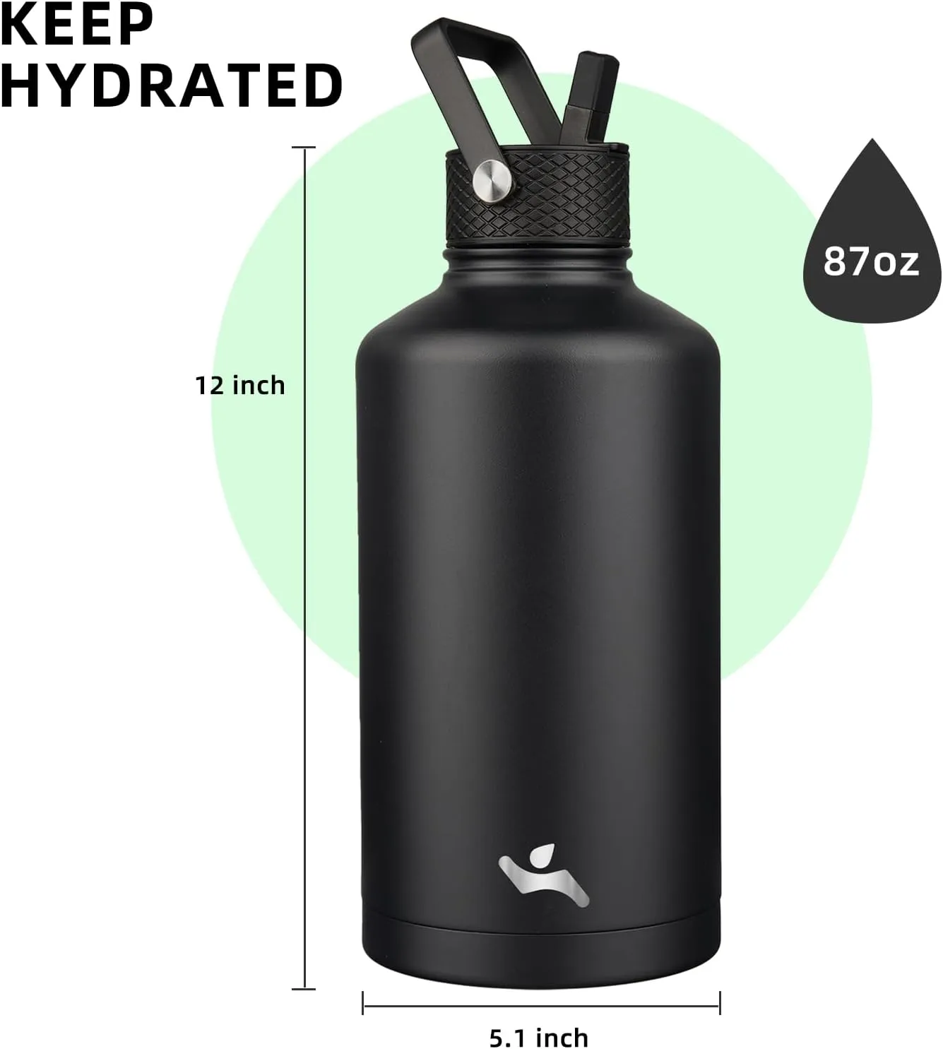 Insulated Water Bottle with Straw,87 oz 3 Lids Water Jug with Carrying Bag,Paracord Handle,Double Wall Vacuum Stainless Steel Metal Flask,Black