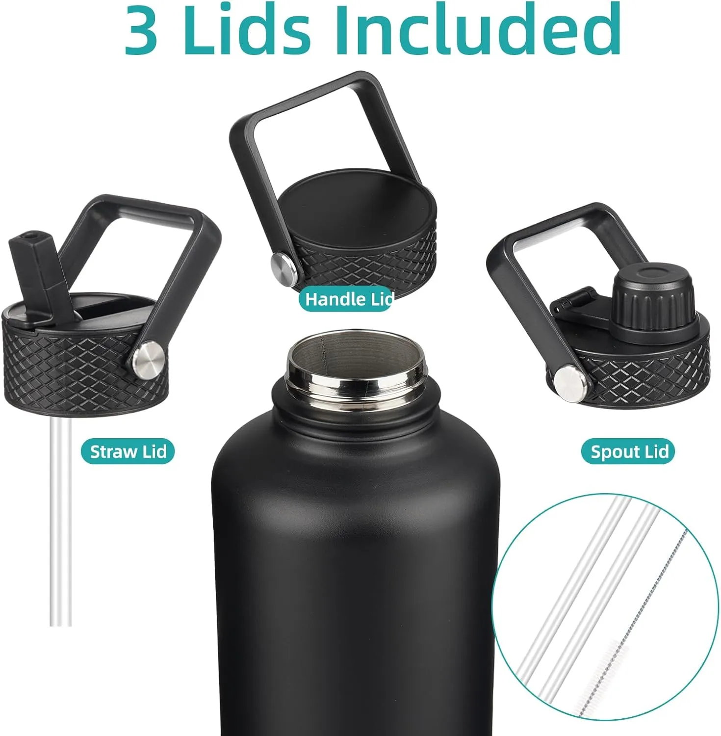 Insulated Water Bottle with Straw,87 oz 3 Lids Water Jug with Carrying Bag,Paracord Handle,Double Wall Vacuum Stainless Steel Metal Flask,Black