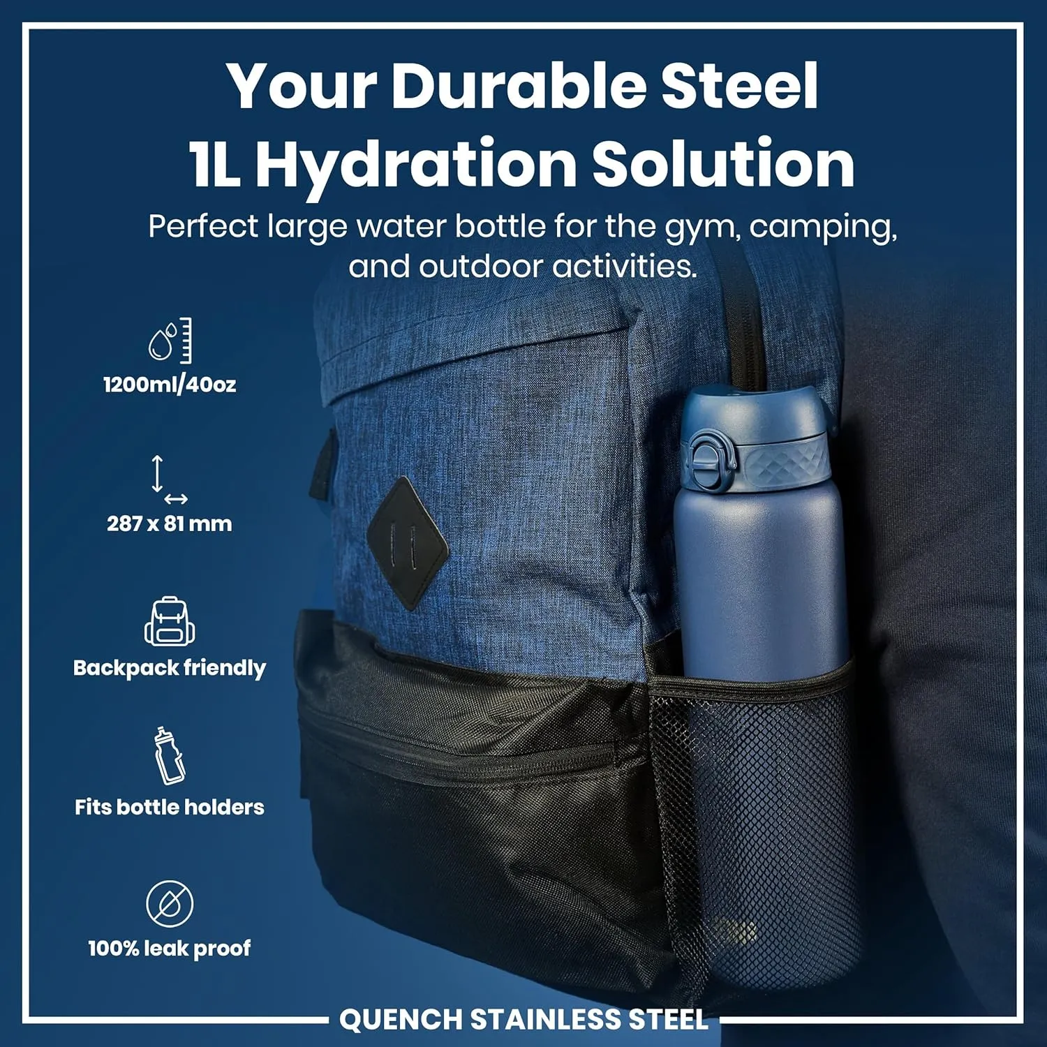 Ion8 1 Litre Stainless Steel Water Bottle, Leak Proof, Easy to Open, Secure Lock, Dishwasher Safe, Carry Handle, Flip Cover, Easy Clean, Durable, Scratch Resistant, 1200 ml/40 oz, Ash Navy Blue