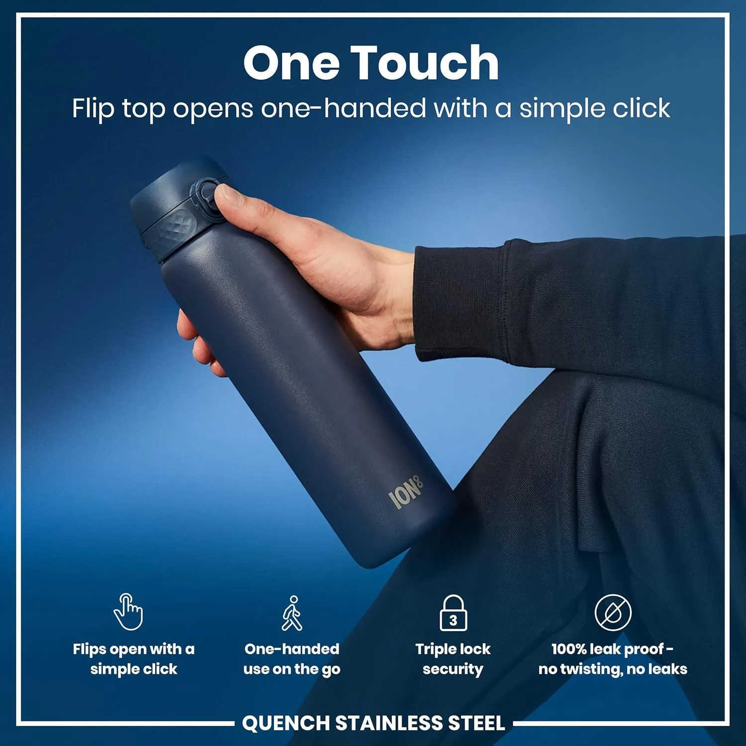 Ion8 1 Litre Stainless Steel Water Bottle, Leak Proof, Easy to Open, Secure Lock, Dishwasher Safe, Carry Handle, Flip Cover, Easy Clean, Durable, Scratch Resistant, 1200 ml/40 oz, Ash Navy Blue