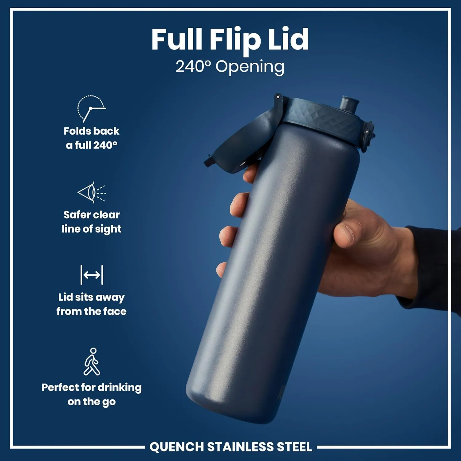 Ion8 1 Litre Stainless Steel Water Bottle, Leak Proof, Easy to Open, Secure Lock, Dishwasher Safe, Carry Handle, Flip Cover, Easy Clean, Durable, Scratch Resistant, 1200 ml/40 oz, Ash Navy Blue
