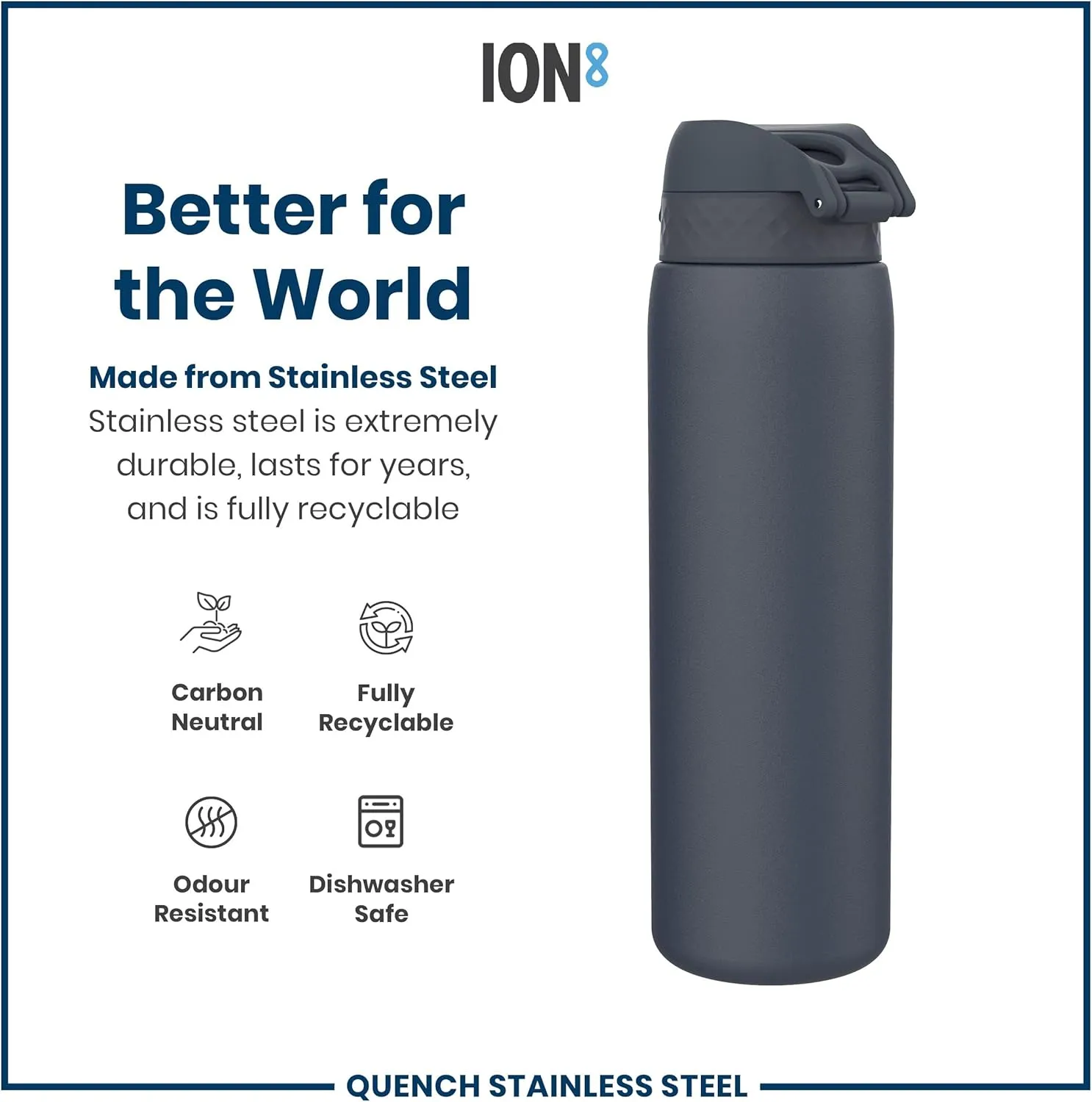 Ion8 1 Litre Stainless Steel Water Bottle, Leak Proof, Easy to Open, Secure Lock, Dishwasher Safe, Carry Handle, Flip Cover, Easy Clean, Durable, Scratch Resistant, 1200 ml/40 oz, Ash Navy Blue