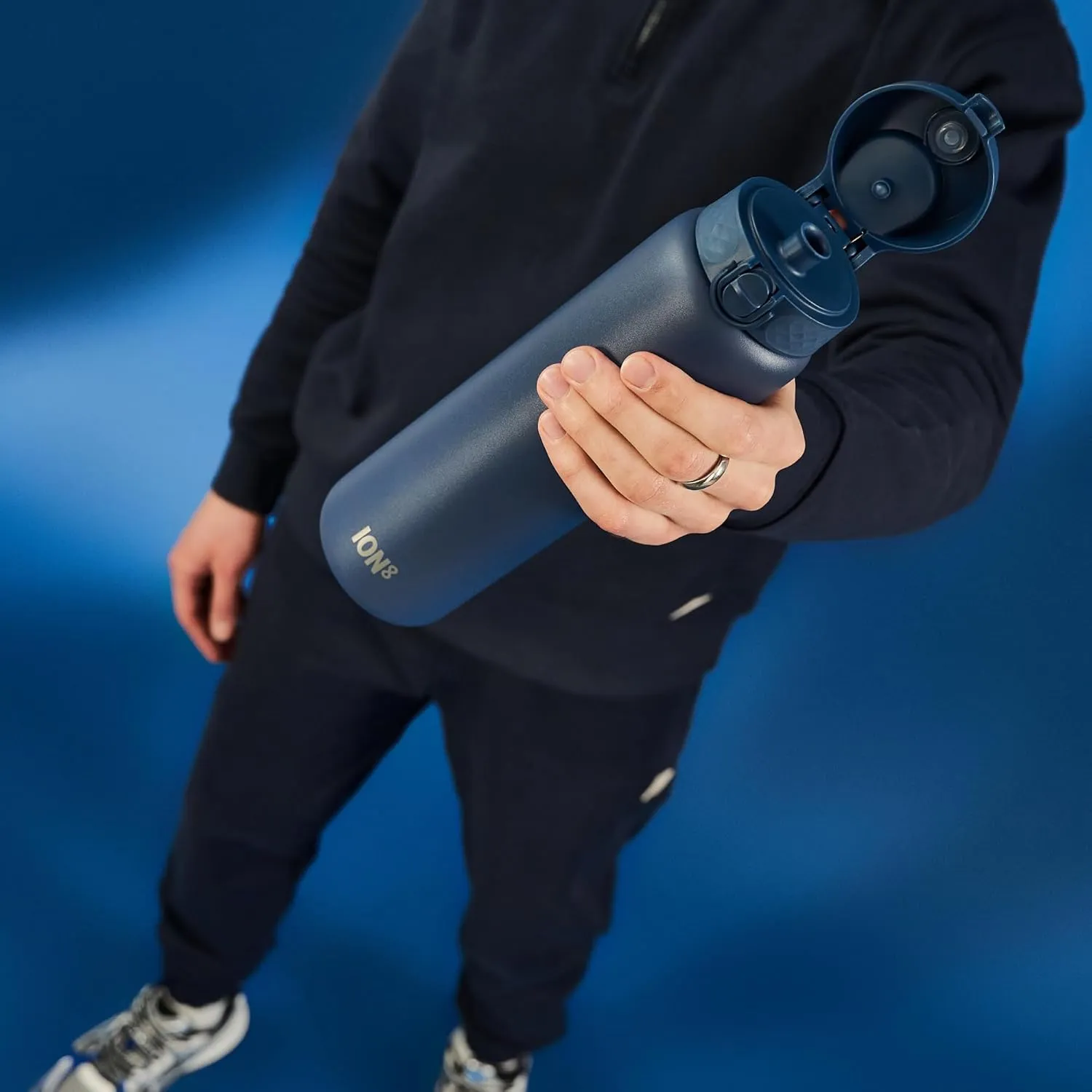 Ion8 1 Litre Stainless Steel Water Bottle, Leak Proof, Easy to Open, Secure Lock, Dishwasher Safe, Carry Handle, Flip Cover, Easy Clean, Durable, Scratch Resistant, 1200 ml/40 oz, Ash Navy Blue