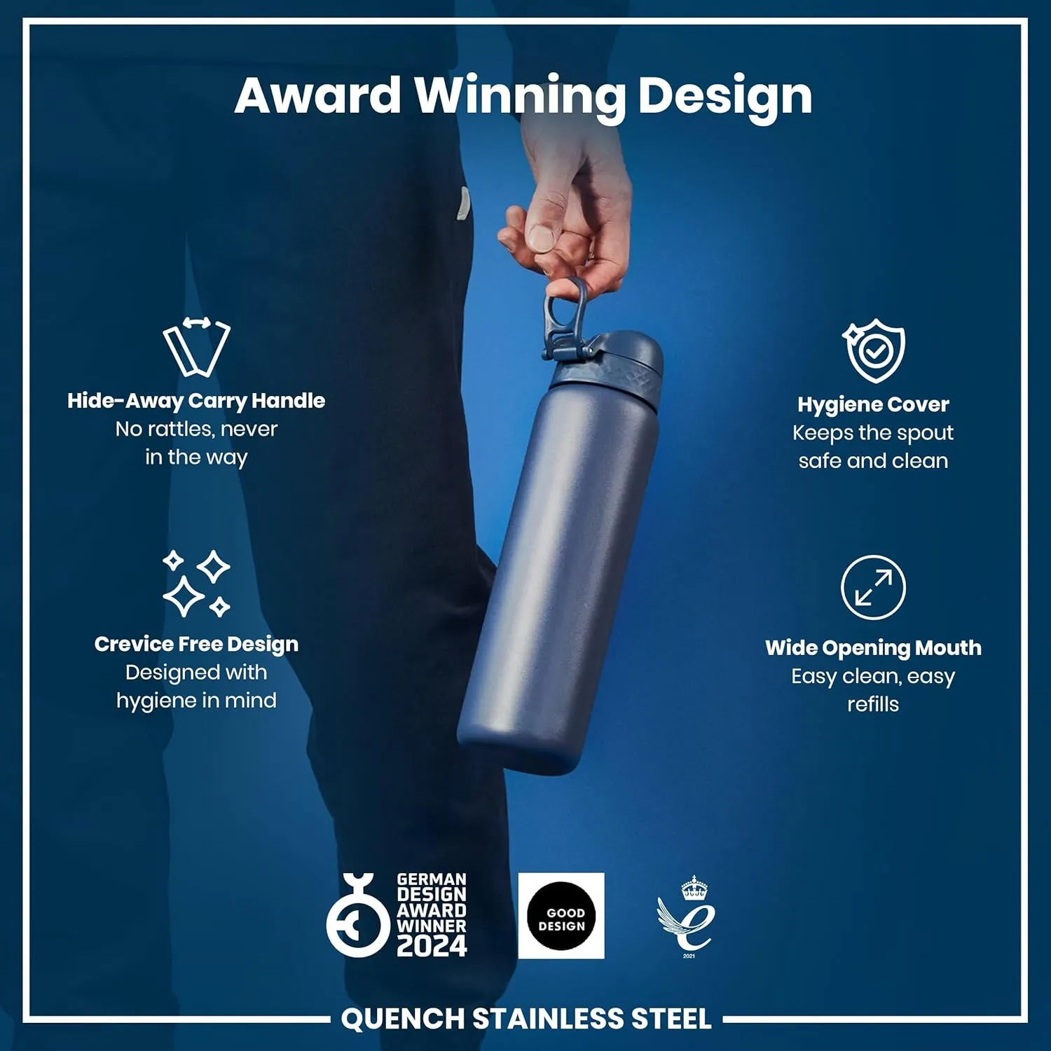 Ion8 1 Litre Stainless Steel Water Bottle, Leak Proof, Easy to Open, Secure Lock, Dishwasher Safe, Carry Handle, Flip Cover, Easy Clean, Durable, Scratch Resistant, 1200 ml/40 oz, Ash Navy Blue