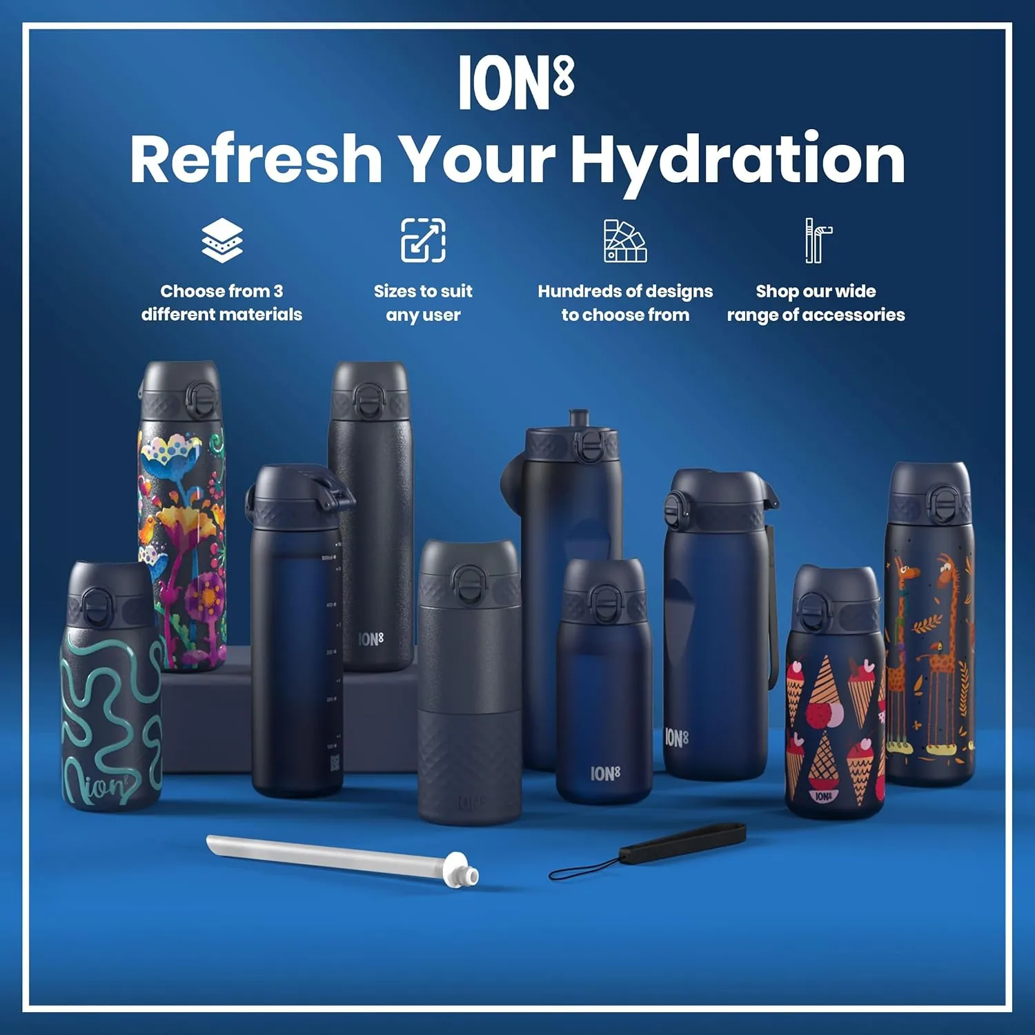 Ion8 1 Litre Stainless Steel Water Bottle, Leak Proof, Easy to Open, Secure Lock, Dishwasher Safe, Carry Handle, Flip Cover, Easy Clean, Durable, Scratch Resistant, 1200 ml/40 oz, Ash Navy Blue