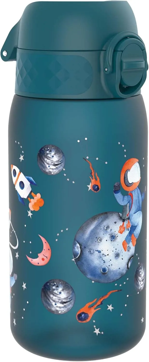ION8 Small Water Bottle, 350 ml/12 oz, Leak Proof, Easy to Open, Secure Lock, Dishwasher Safe, BPA Free, Carry Handle, Flip Cover, Easy Clean, Odor Free, Carbon Neutral, Deep Teal, Space Travel Design