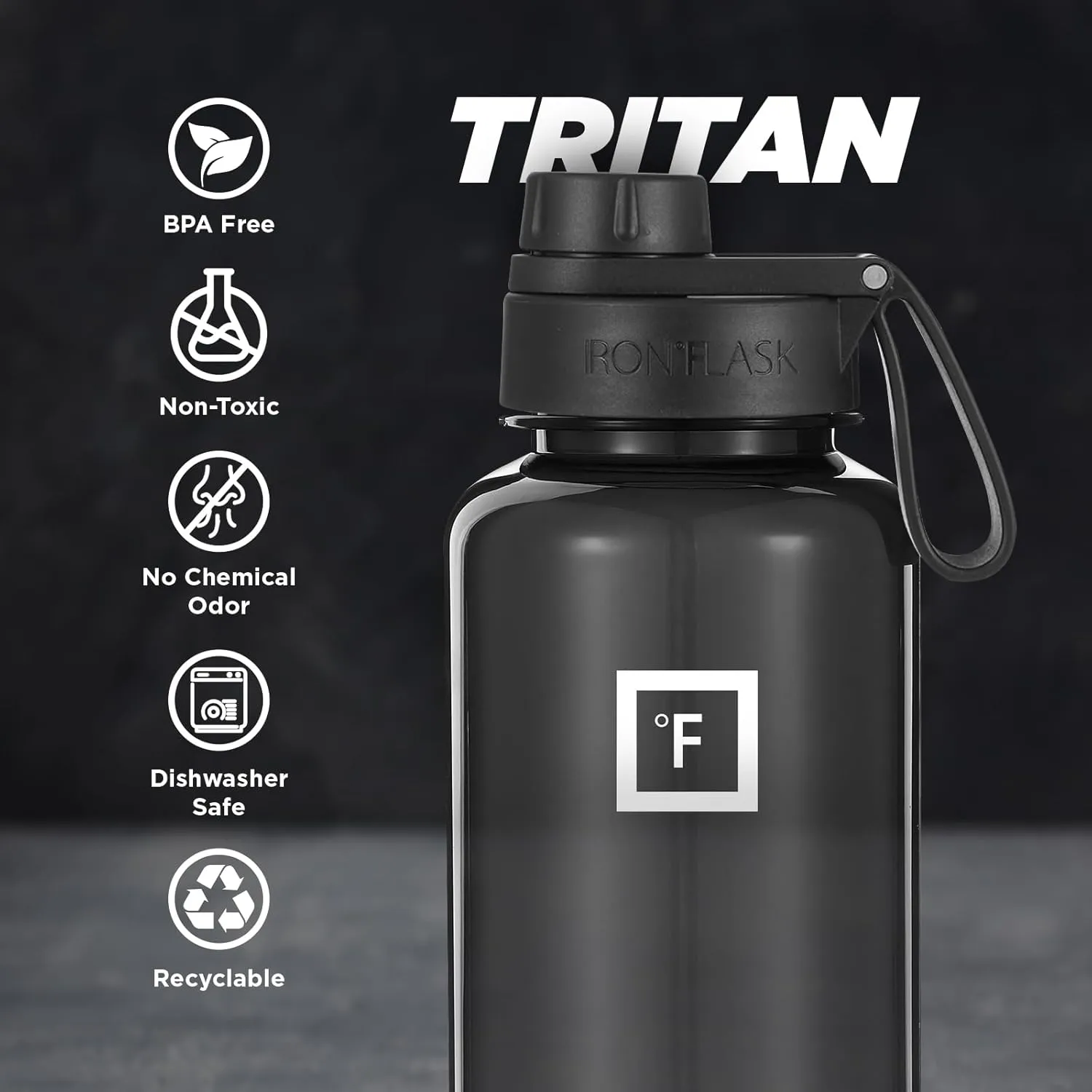 IRON °FLASK Clear Tritan Trekker Water Bottle with Chug Lid & Rubber Boot - Leak Proof & Lightweight for Gym, Hiking, Sports - Dishwasher Safe, BPA Free Plastic - Black, 32 Oz