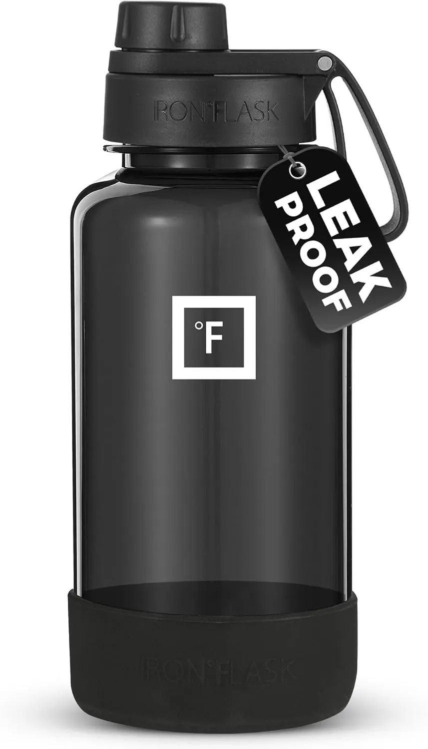 IRON °FLASK Clear Tritan Trekker Water Bottle with Chug Lid & Rubber Boot - Leak Proof & Lightweight for Gym, Hiking, Sports - Dishwasher Safe, BPA Free Plastic - Black, 32 Oz