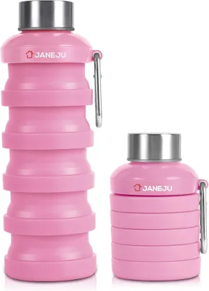 JaneJu Collapsible Water Bottle, 17oz BPA Free Silicone Reusable Portable Lightweight Foldable Water Bottles with Carabiner, Portable Leak Proof Sports Water Bottle (Pink)