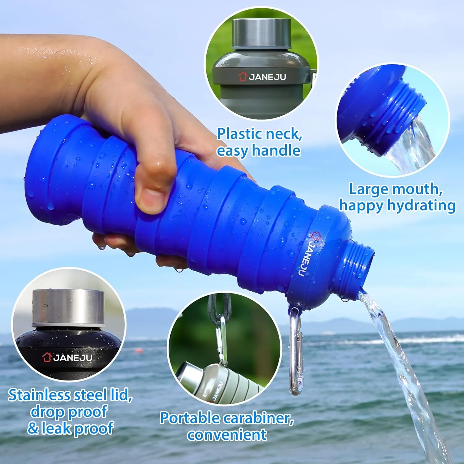JaneJu Collapsible Water Bottle, 17oz BPA Free Silicone Reusable Portable Lightweight Foldable Water Bottles with Carabiner, Portable Leak Proof Sports Water Bottle (Pink)