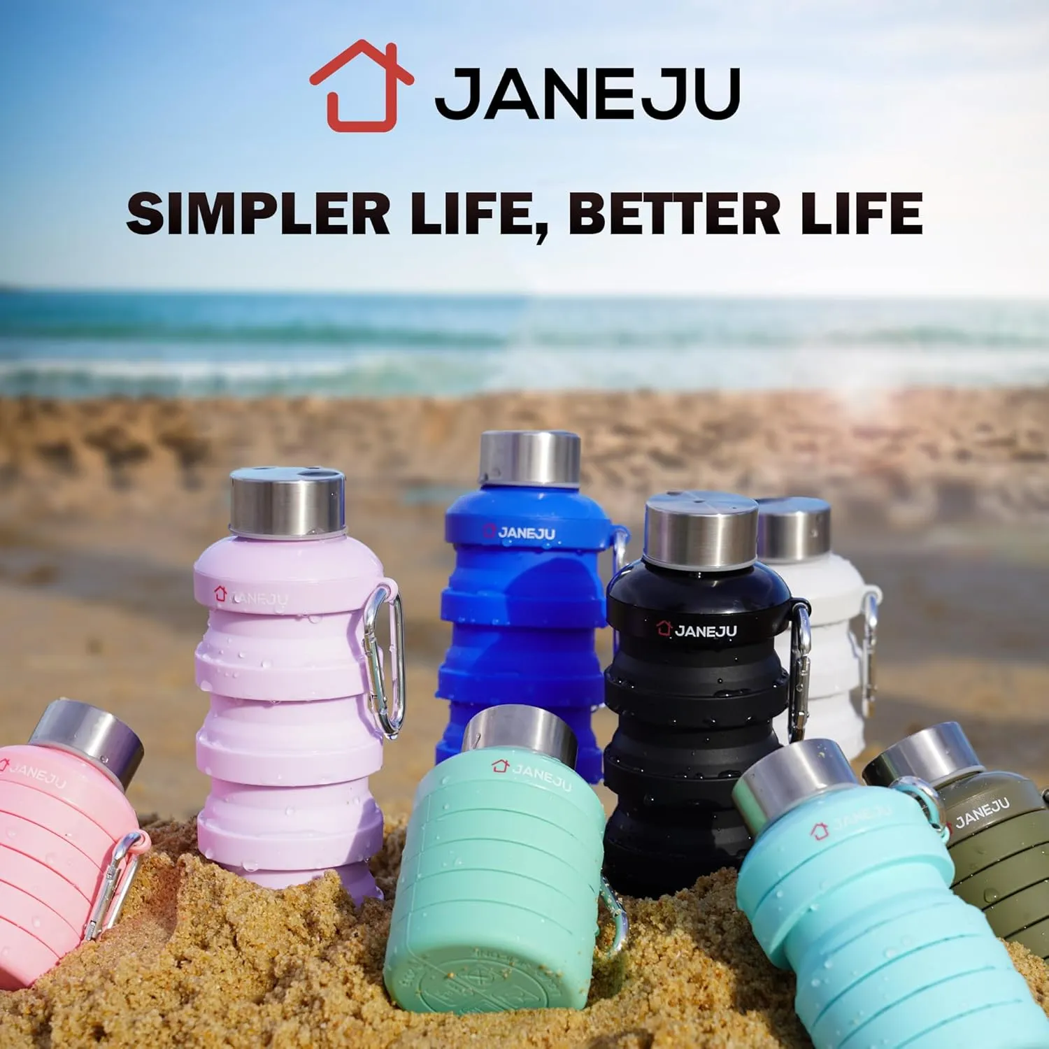 JaneJu Collapsible Water Bottle, 17oz BPA Free Silicone Reusable Portable Lightweight Foldable Water Bottles with Carabiner, Portable Leak Proof Sports Water Bottle (Pink)