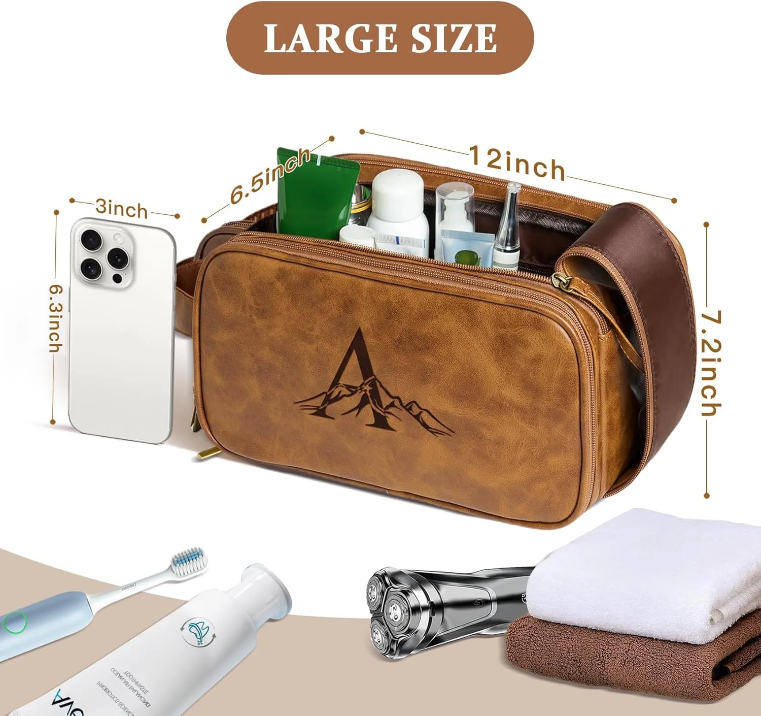 Janhavi Makeup Bag, Travel size Toiletries Bag Waterproof, Men's Accessories Case, Personalized Laser Engraved Initials & Mountain, Travel Bags for Men, Customized Gifts for Men(Brown R)