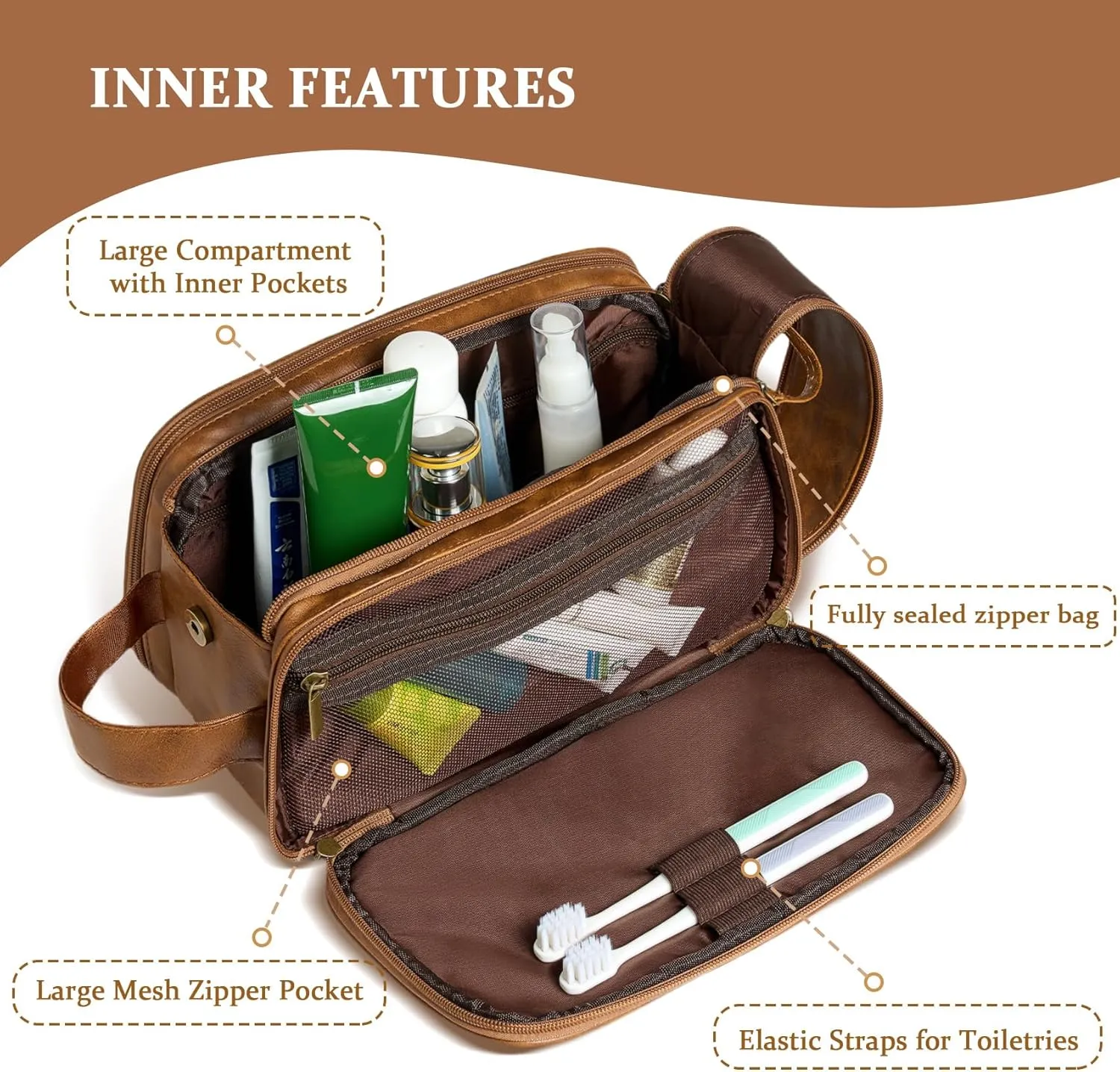 Janhavi Makeup Bag, Travel size Toiletries Bag Waterproof, Men's Accessories Case, Personalized Laser Engraved Initials & Mountain, Travel Bags for Men, Customized Gifts for Men(Brown R)