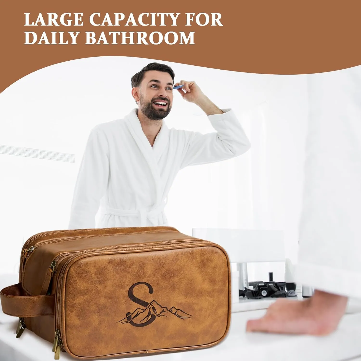Janhavi Makeup Bag, Travel size Toiletries Bag Waterproof, Men's Accessories Case, Personalized Laser Engraved Initials & Mountain, Travel Bags for Men, Customized Gifts for Men(Brown R)
