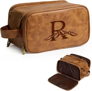 Janhavi Makeup Bag, Travel size Toiletries Bag Waterproof, Men's Accessories Case, Personalized Laser Engraved Initials & Mountain, Travel Bags for Men, Customized Gifts for Men(Brown R)