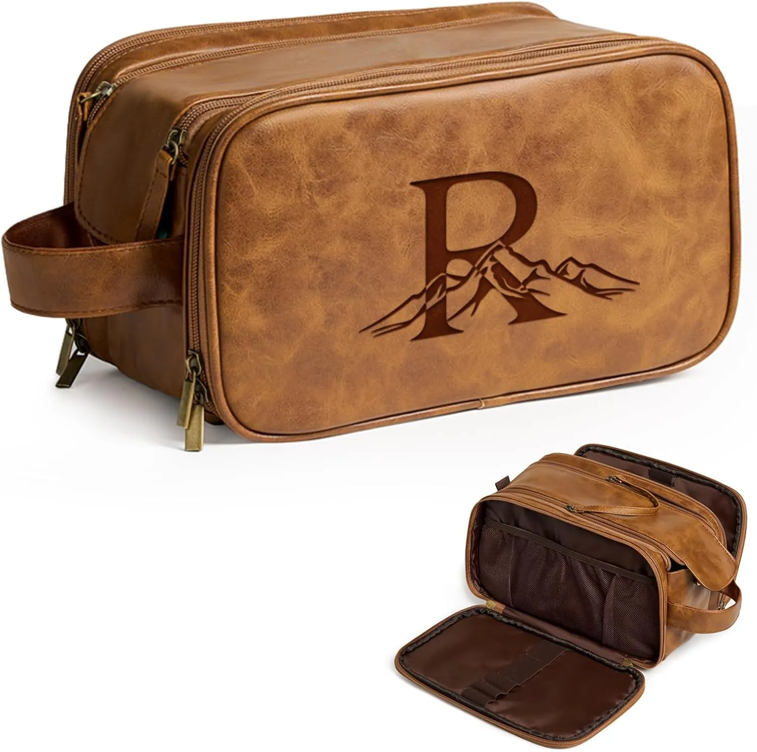 Janhavi Makeup Bag, Travel size Toiletries Bag Waterproof, Men's Accessories Case, Personalized Laser Engraved Initials & Mountain, Travel Bags for Men, Customized Gifts for Men(Brown R)