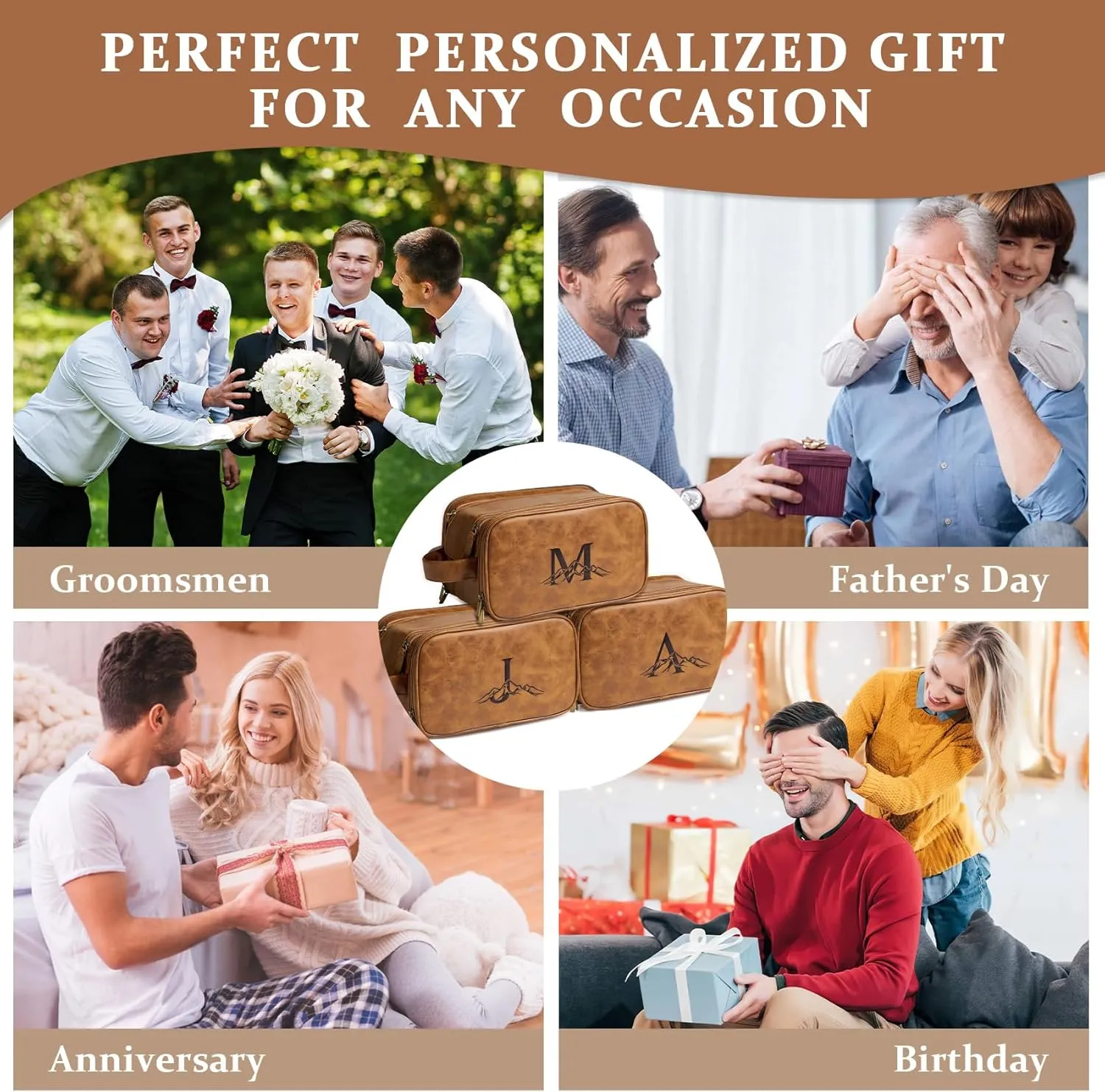 Janhavi Makeup Bag, Travel size Toiletries Bag Waterproof, Men's Accessories Case, Personalized Laser Engraved Initials & Mountain, Travel Bags for Men, Customized Gifts for Men(Brown R)