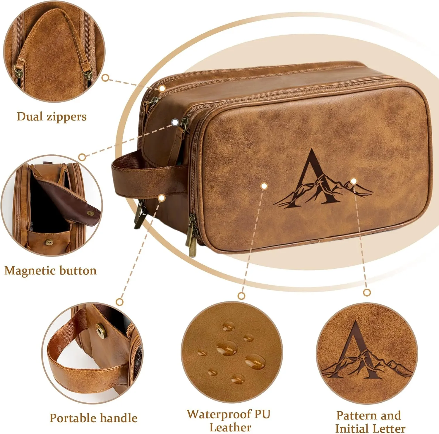 Janhavi Makeup Bag, Travel size Toiletries Bag Waterproof, Men's Accessories Case, Personalized Laser Engraved Initials & Mountain, Travel Bags for Men, Customized Gifts for Men(Brown R)