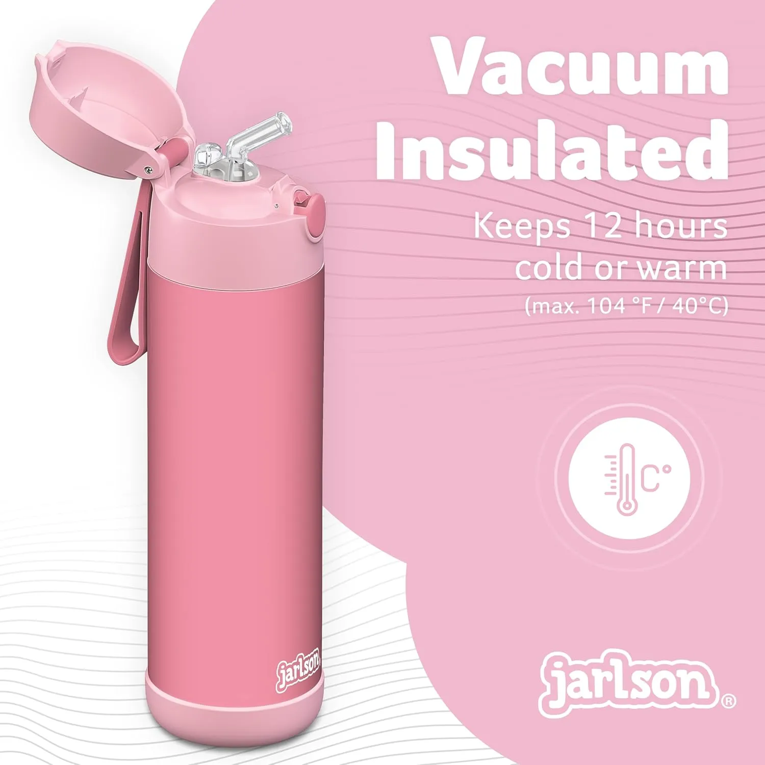 Jarlson® Charli Children's Stainless Steel Drinking Bottle with Straw - Thermos Flask 350 ml - TÜV Tested - BPA Free - Leak-Proof - Thermal Water Bottle for School, Nursery (Pink)