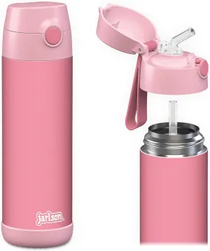 Jarlson® Charli Children's Stainless Steel Drinking Bottle with Straw - Thermos Flask 350 ml - TÜV Tested - BPA Free - Leak-Proof - Thermal Water Bottle for School, Nursery (Pink)