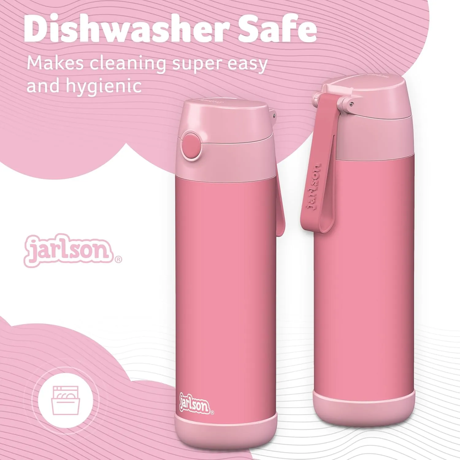 Jarlson® Charli Children's Stainless Steel Drinking Bottle with Straw - Thermos Flask 350 ml - TÜV Tested - BPA Free - Leak-Proof - Thermal Water Bottle for School, Nursery (Pink)
