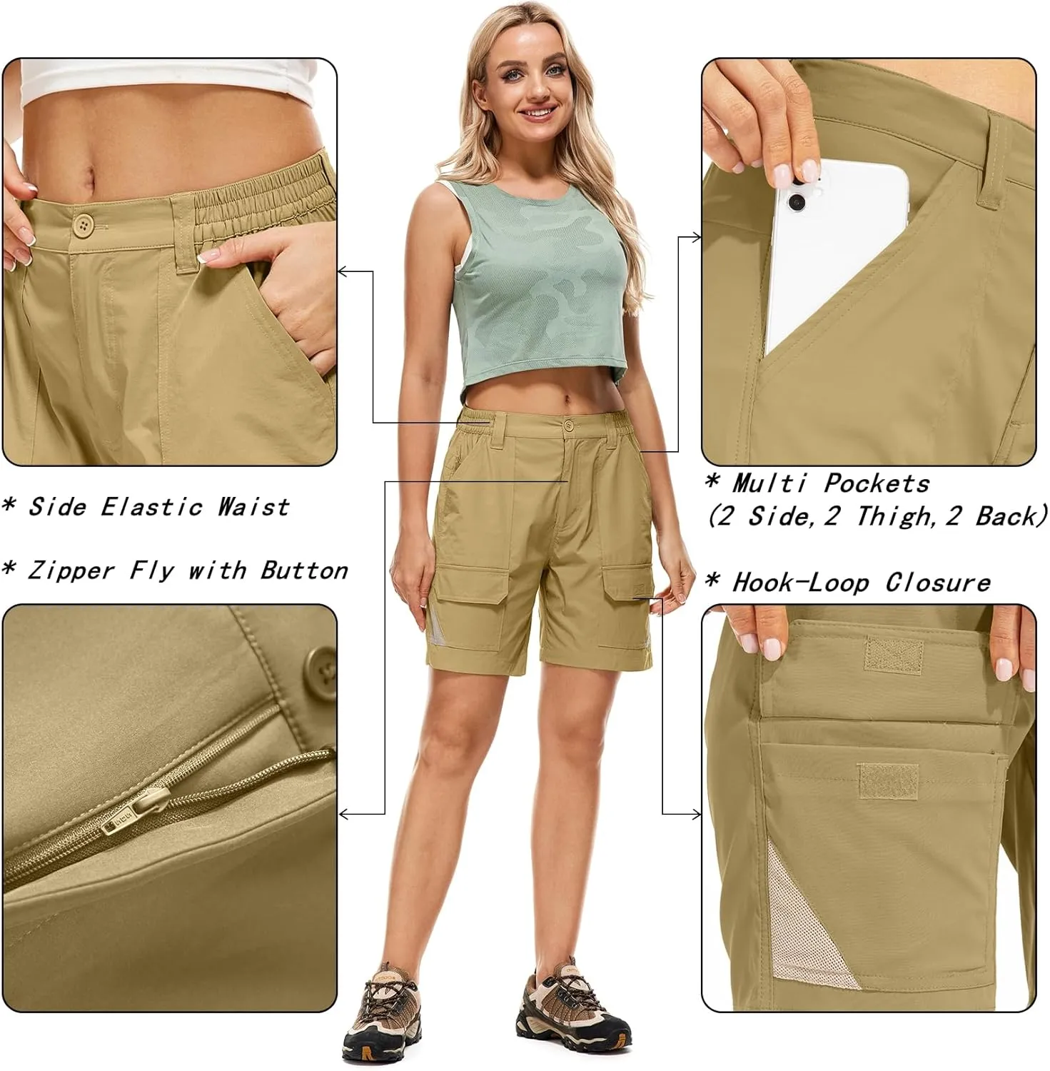 Jessie Kidden Womens Stretch Cargo Hiking Shorts Quick Dry Elastic Waist 7" Casual Shorts for Women