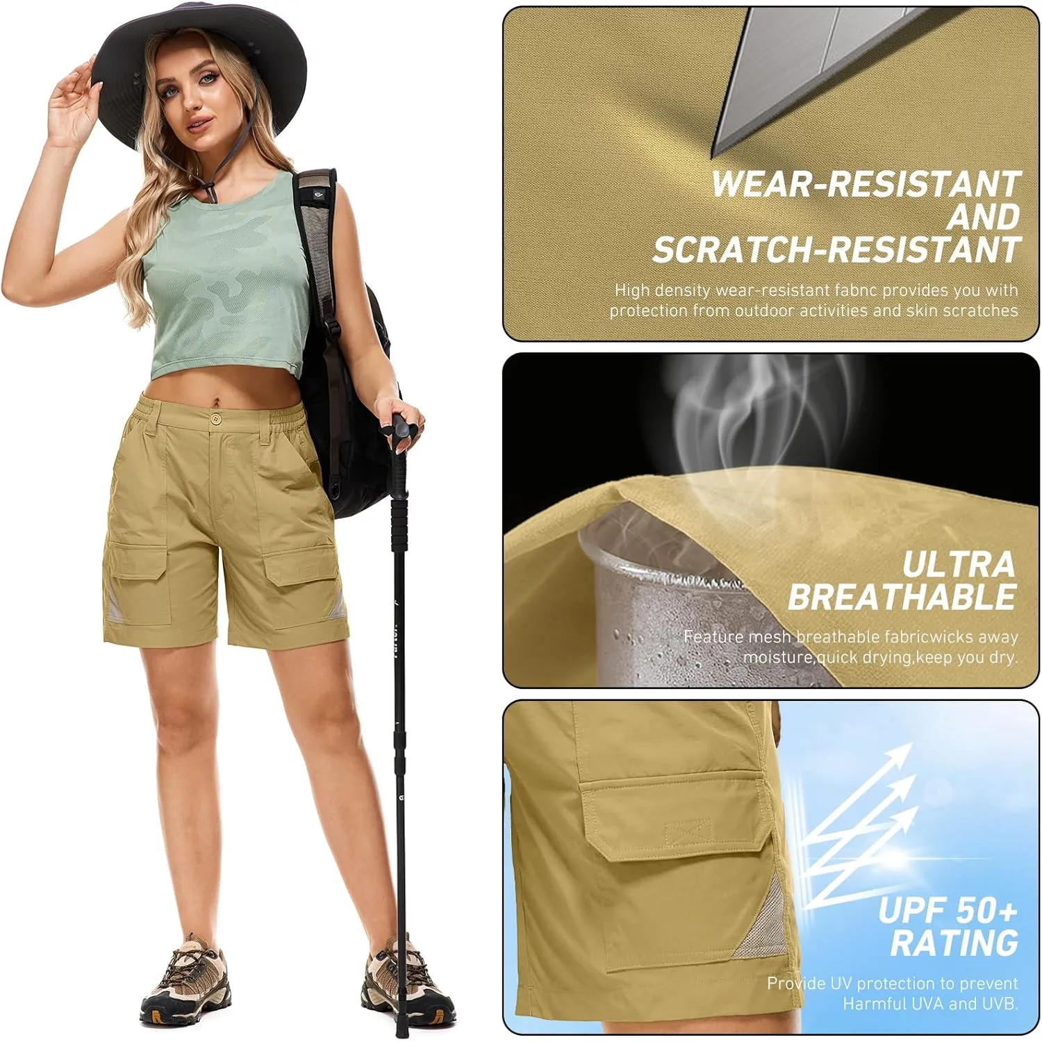 Jessie Kidden Womens Stretch Cargo Hiking Shorts Quick Dry Elastic Waist 7" Casual Shorts for Women