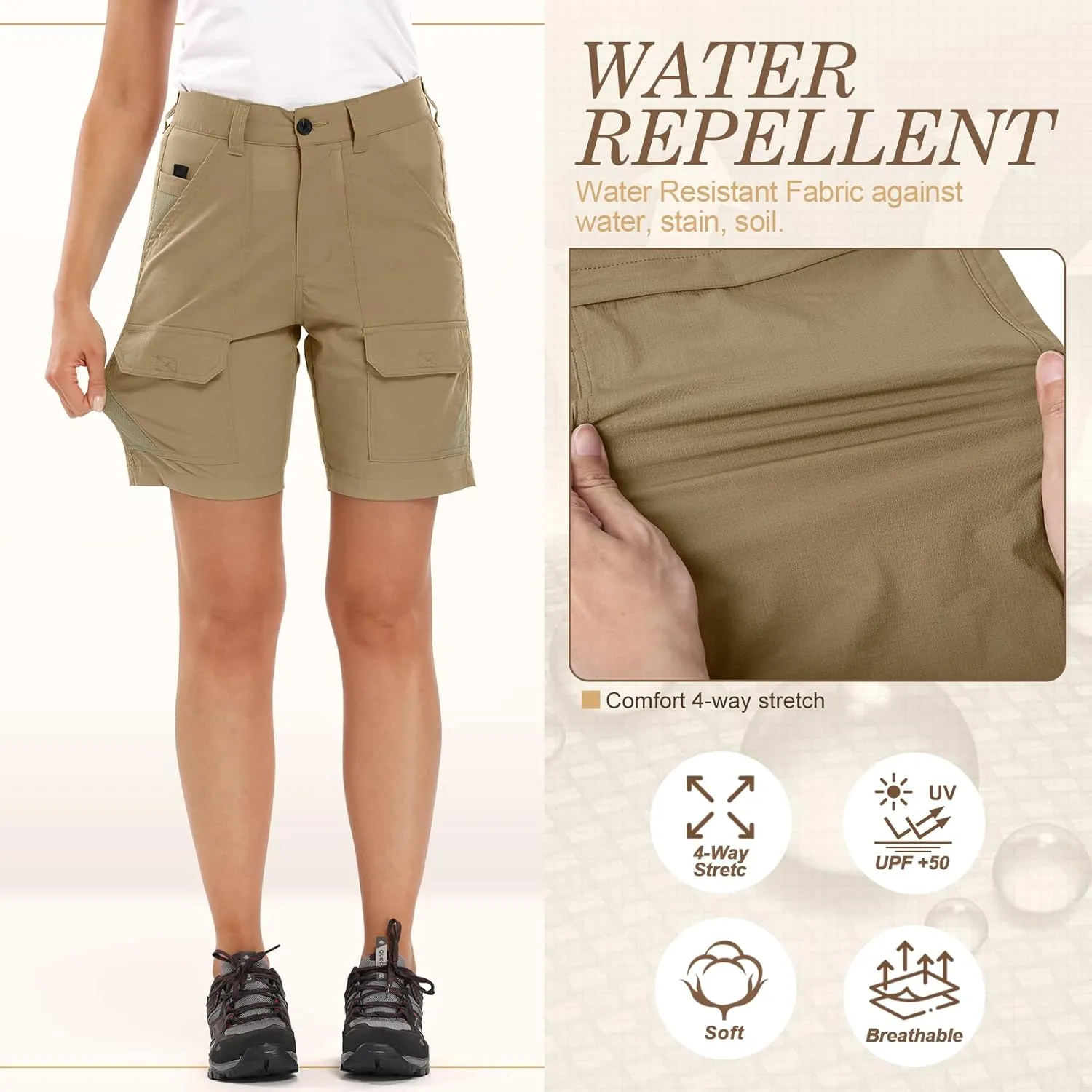 Jessie Kidden Womens Stretch Cargo Hiking Shorts Quick Dry Elastic Waist 7" Casual Shorts for Women