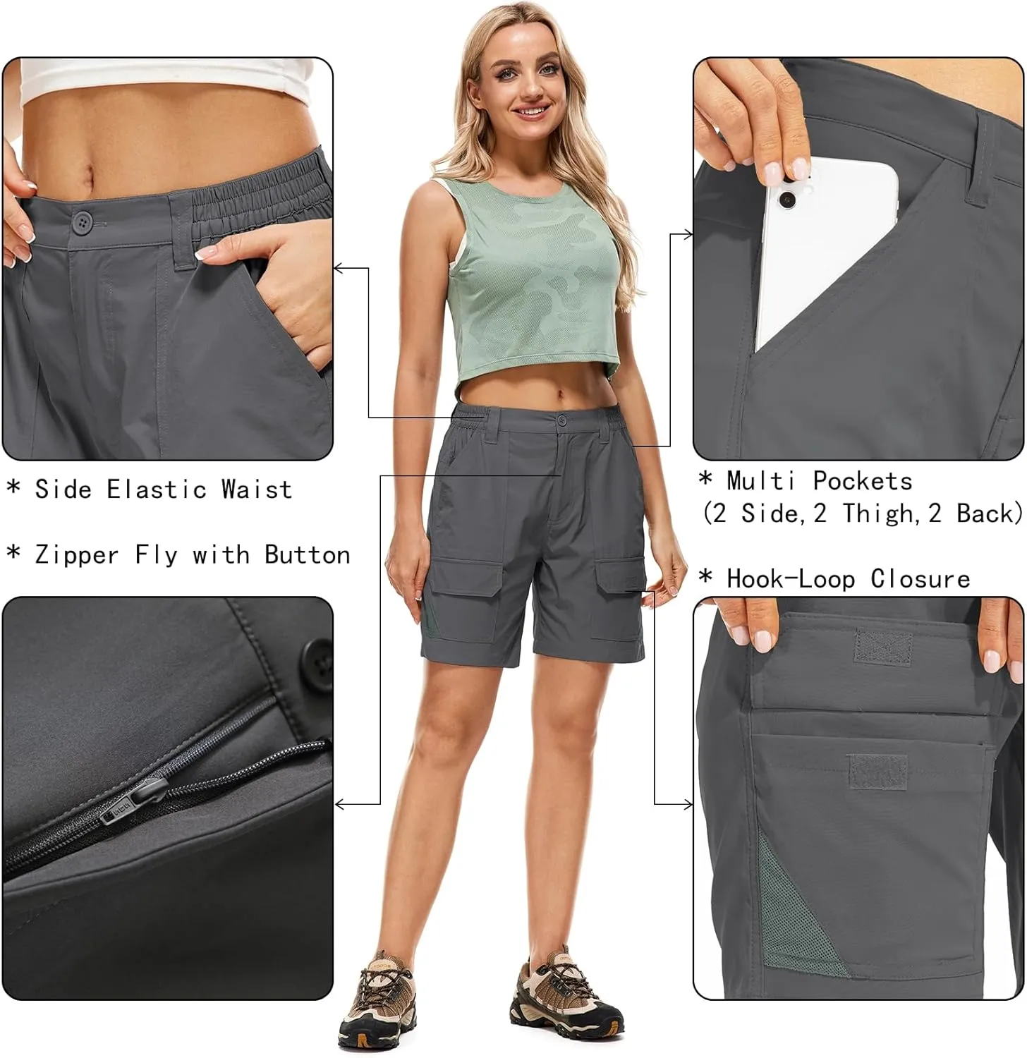 Jessie Kidden Womens Stretch Cargo Hiking Shorts Quick Dry Elastic Waist 7" Casual Shorts for Women