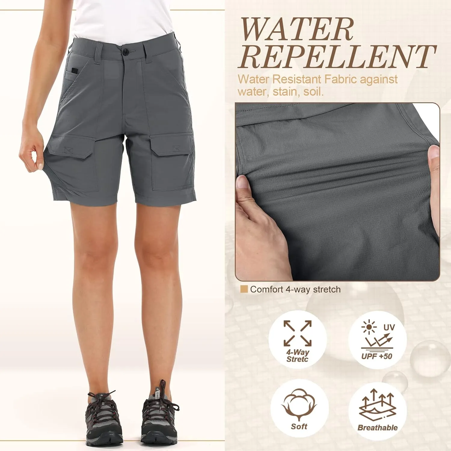 Jessie Kidden Womens Stretch Cargo Hiking Shorts Quick Dry Elastic Waist 7" Casual Shorts for Women