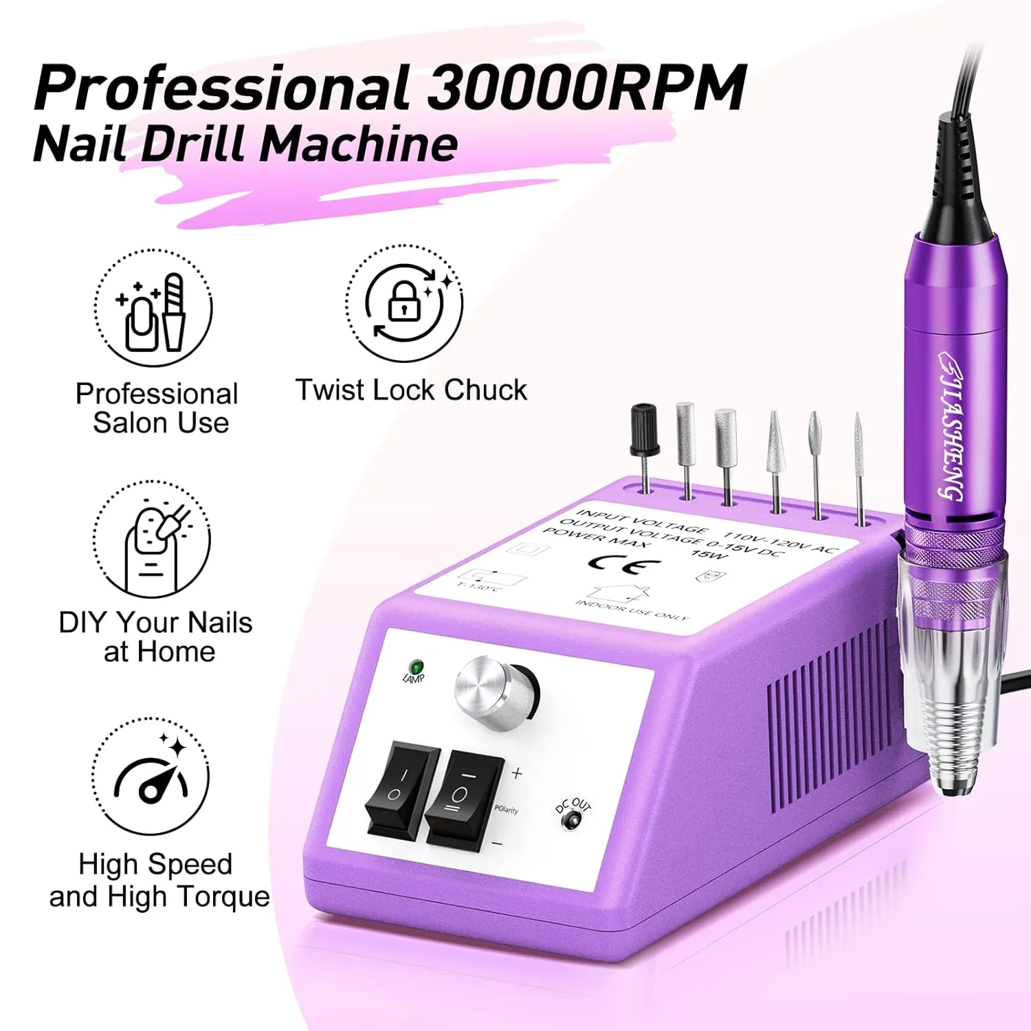 JIASHENG Professional Nail Drill, 30000rpm Electric Nail Drill Machine, Electric Nail File Drills for Acrylic Nails Kit Gel Nails Manicure Pedicure Tools, Purple