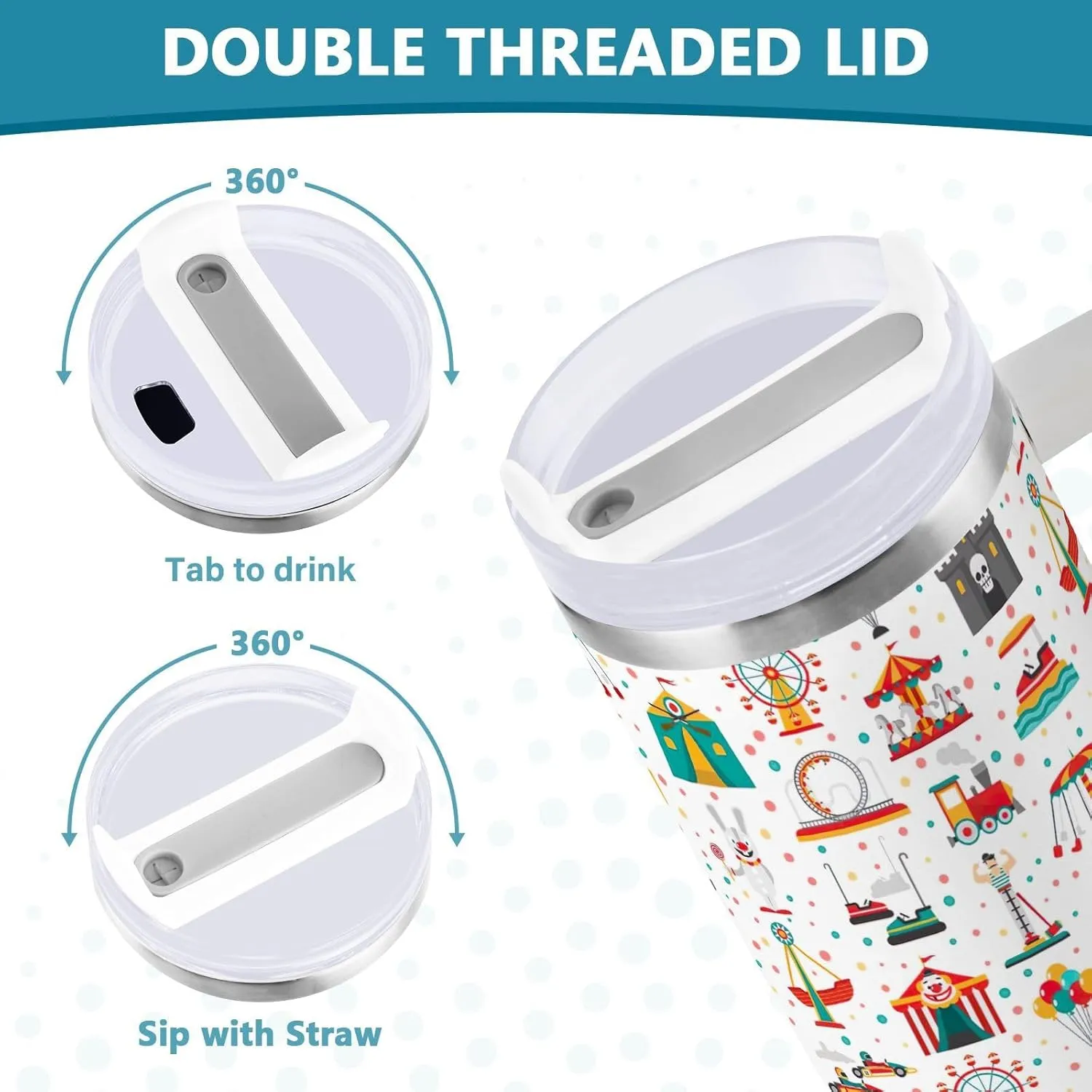 Joisal Carnival Amusement Park Show Insulated Tumbler with Straw Double Wall Tumbler Reusable Leak Proof Tumbler