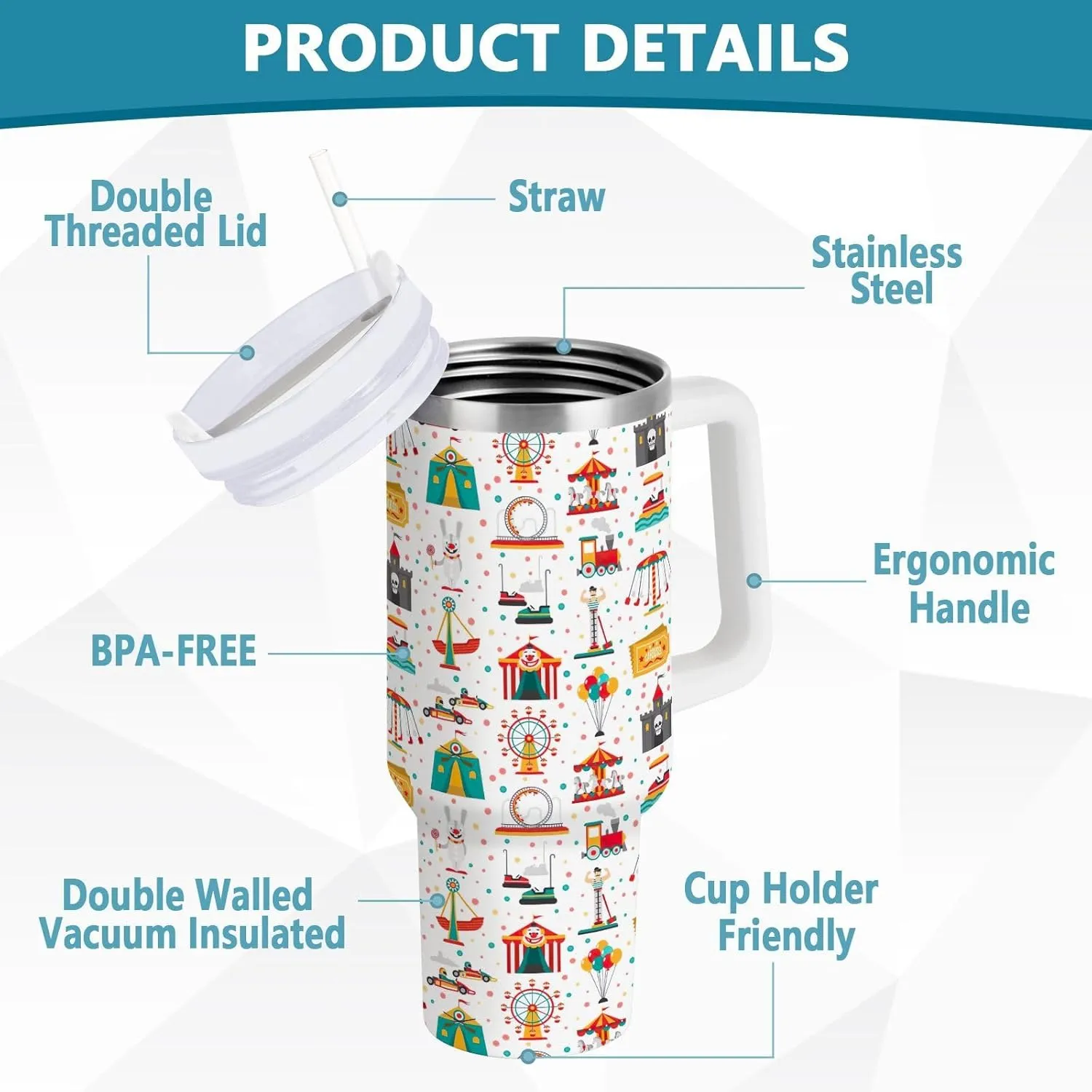 Joisal Carnival Amusement Park Show Insulated Tumbler with Straw Double Wall Tumbler Reusable Leak Proof Tumbler