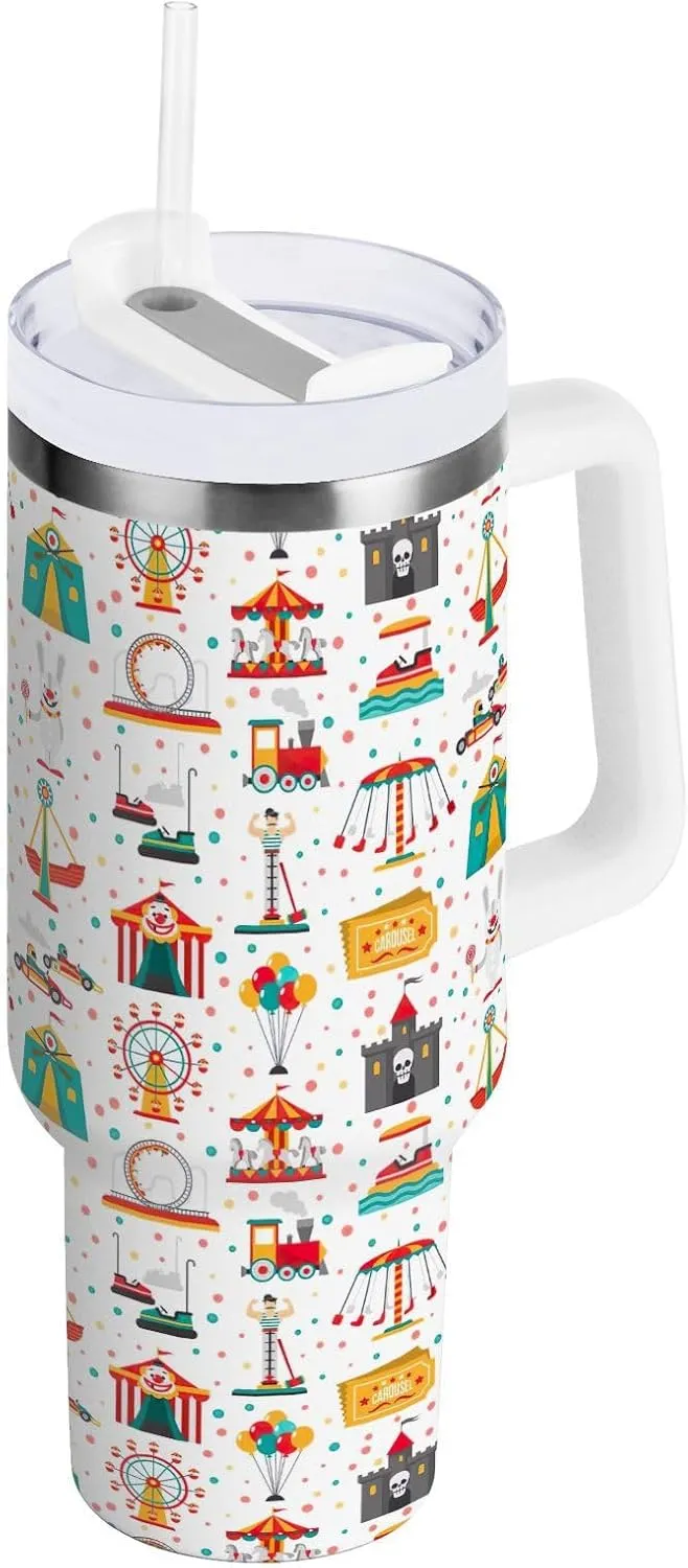 Joisal Carnival Amusement Park Show Insulated Tumbler with Straw Double Wall Tumbler Reusable Leak Proof Tumbler