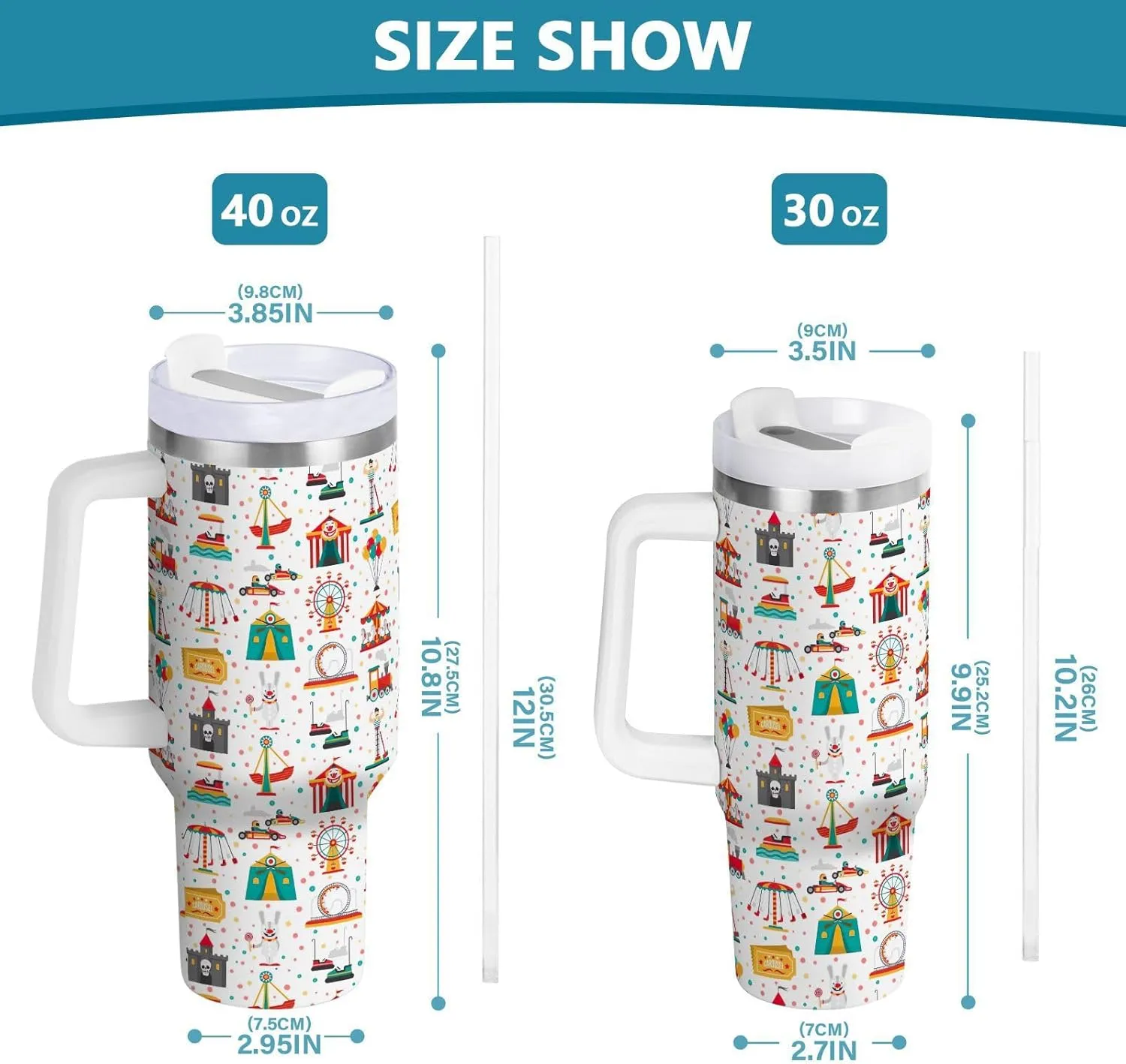 Joisal Carnival Amusement Park Show Insulated Tumbler with Straw Double Wall Tumbler Reusable Leak Proof Tumbler