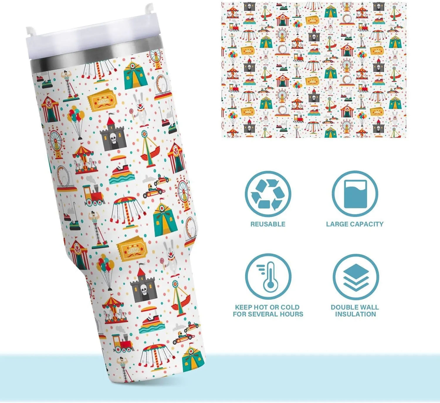 Joisal Carnival Amusement Park Show Insulated Tumbler with Straw Double Wall Tumbler Reusable Leak Proof Tumbler